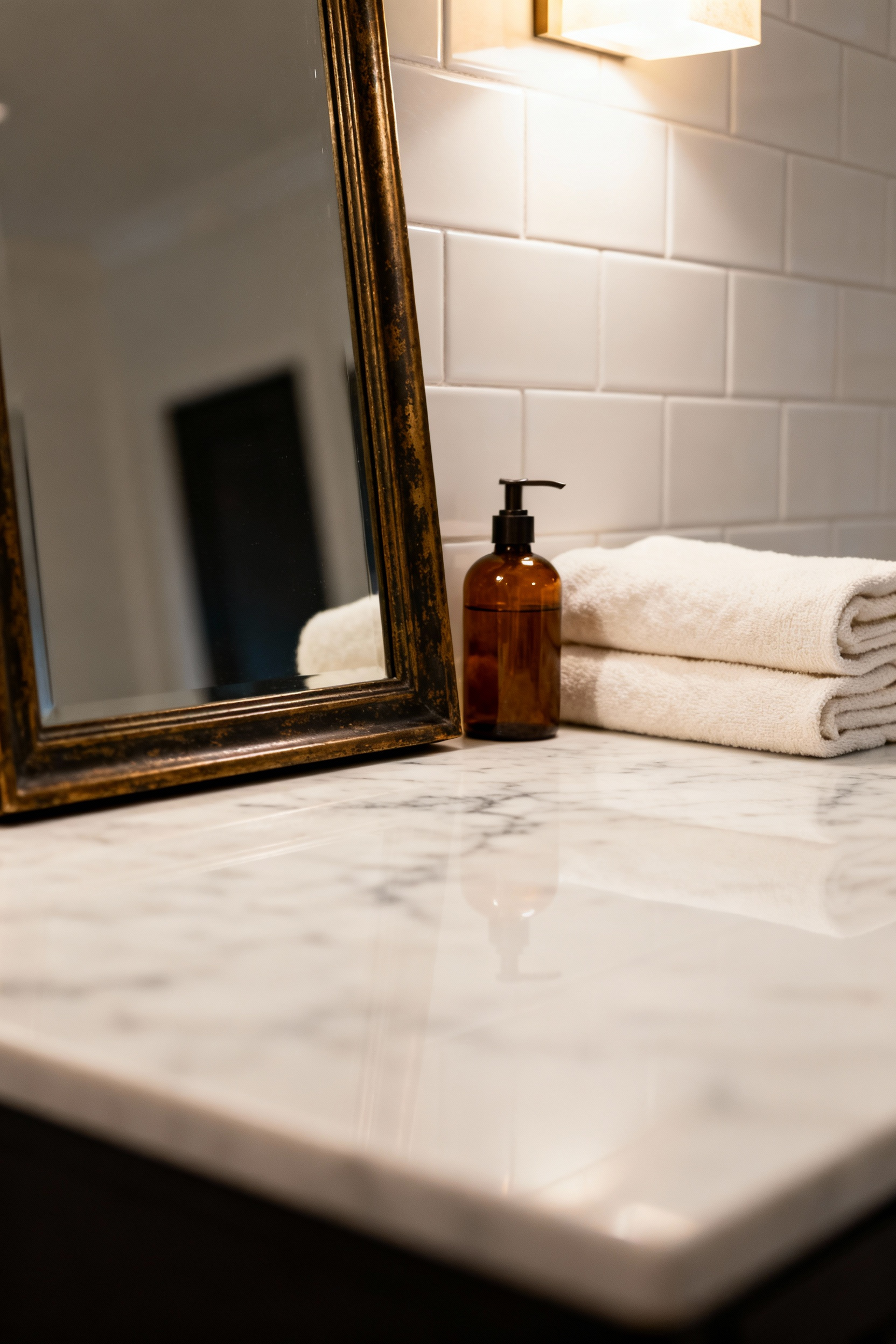 A serene bathroom counter featuring a small, antique brass-framed mirror leaning against a white marble backsplash, using its subtle tilt to diffuse overhead light and create a soft, ambient glow on the counter surface.