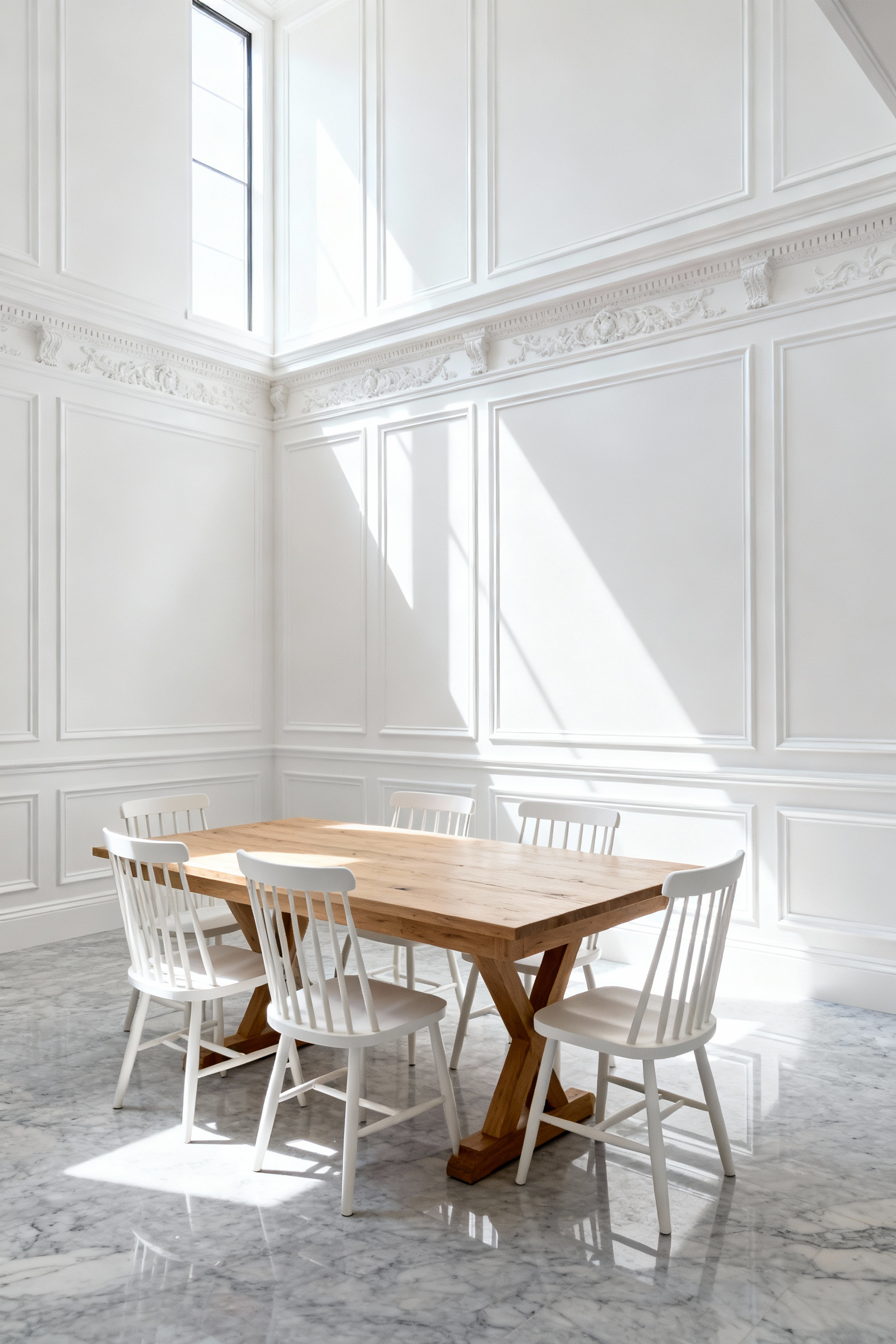 A bright, full view of a newly remodeled white dining room featuring detailed high-gloss white wainscoting and crown molding designed for architectural longevity.