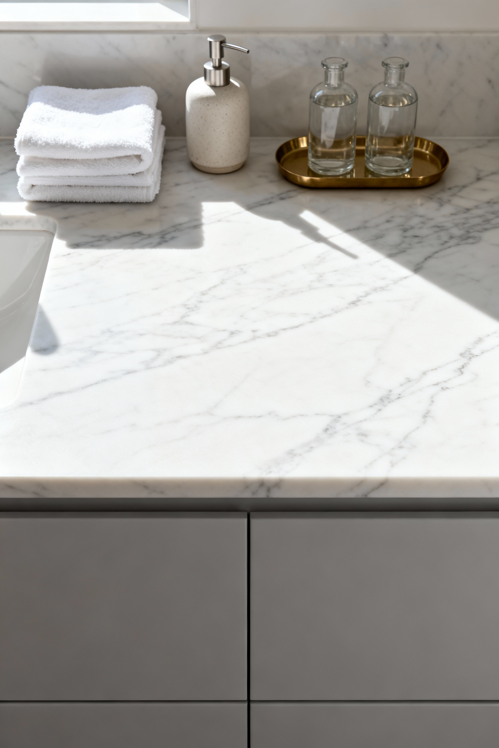 A modern, visually balanced bathroom vanity featuring a white marble countertop styled meticulously to the 60/40 rule, leaving a significant portion of the surface empty.
