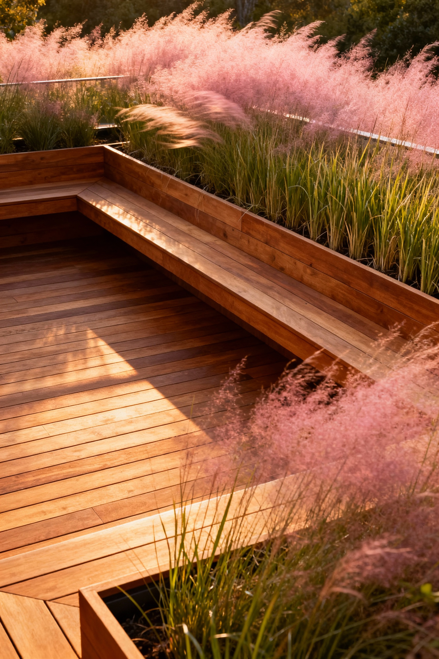 Wide view of a modern backyard deck where integrated planters filled with tall, billowing native grasses like pink Muhly grass soften the rigid wooden architecture during golden hour.