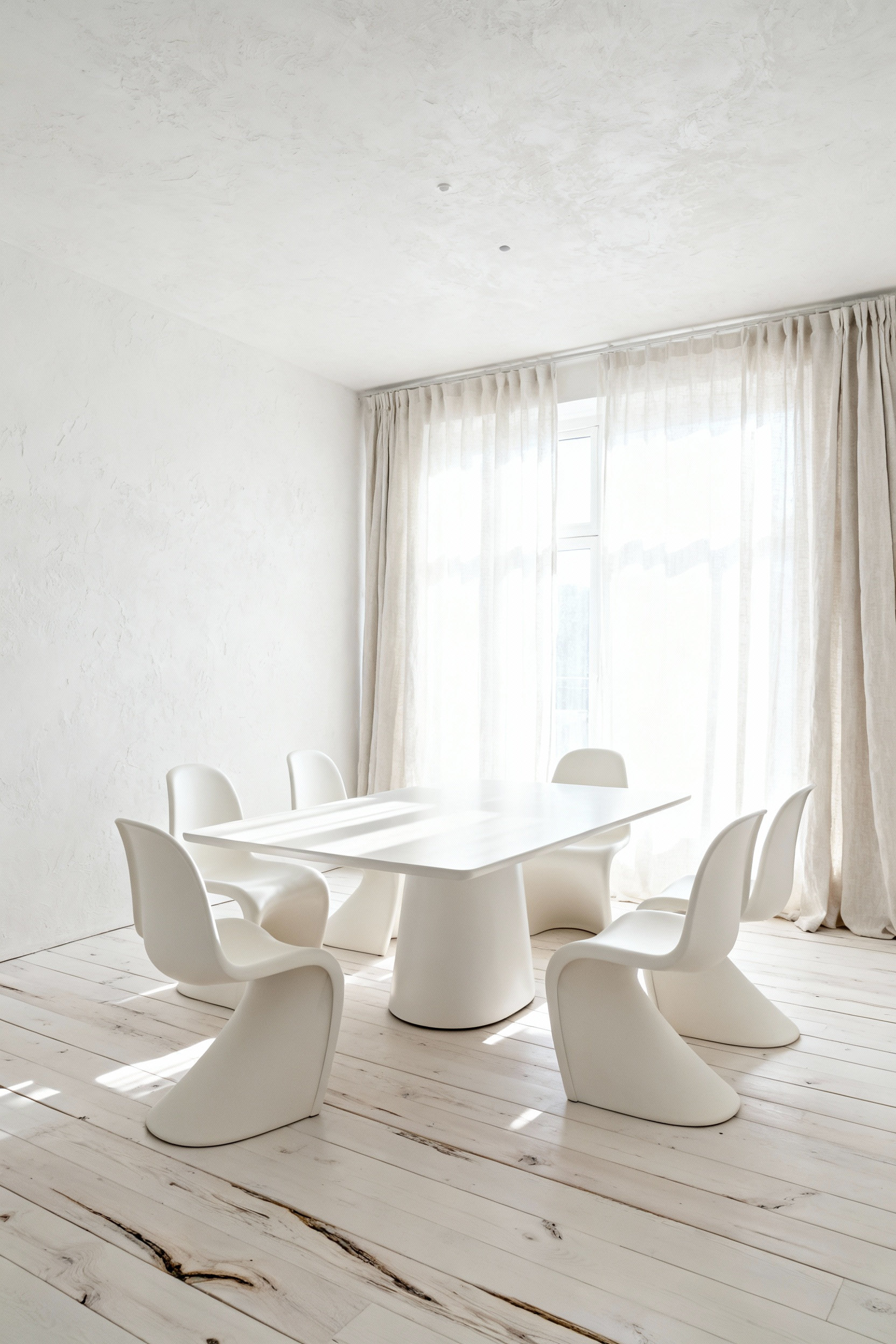 A modern, all-white dining room featuring wide plank, bone-white bleached oak flooring and minimalist white furniture, demonstrating how light wood grounds a monochromatic design.