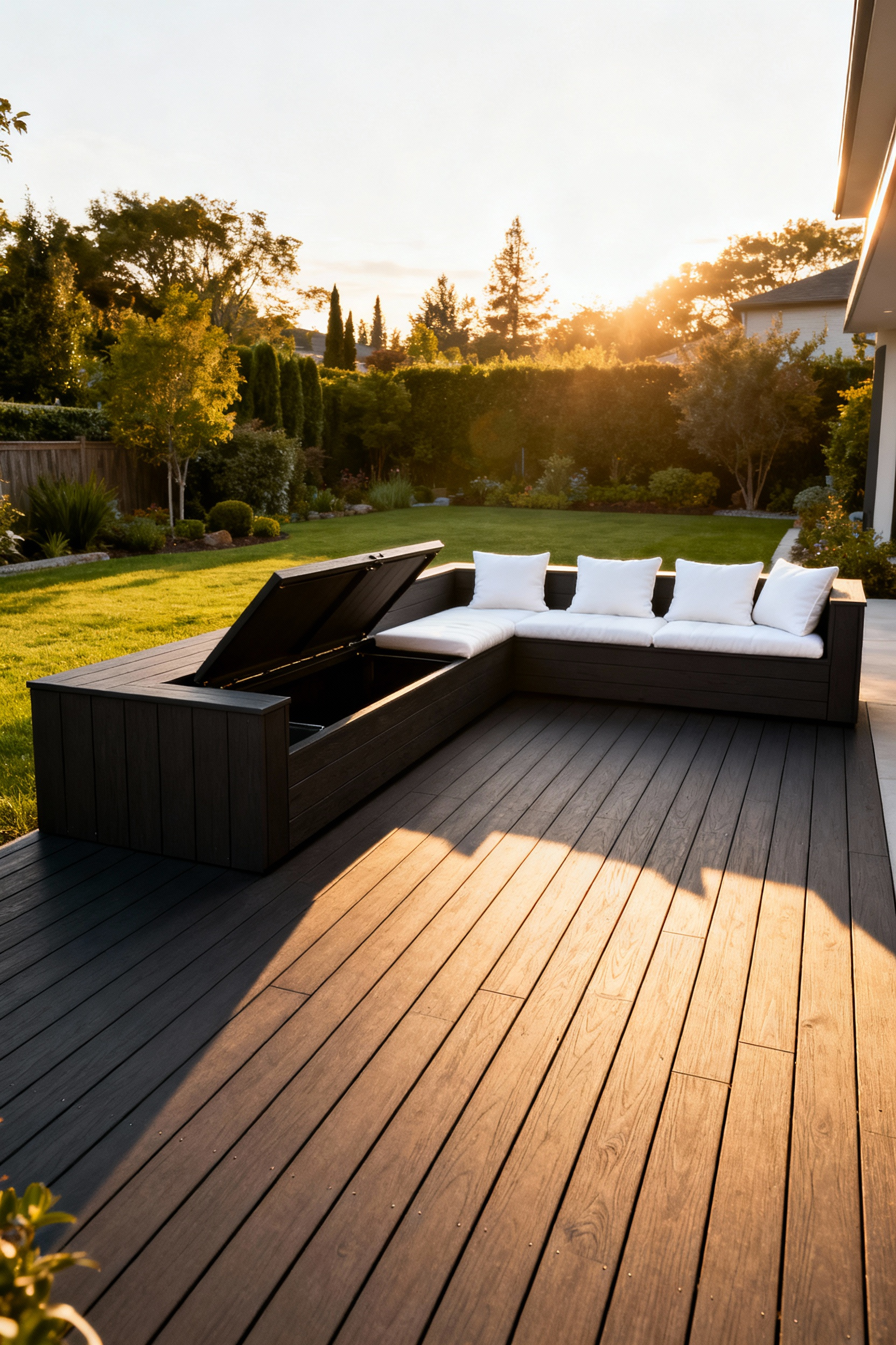 A sophisticated L-shaped built-in banquette with hidden storage seamlessly integrated into the perimeter of a modern composite deck, maximizing seating density.