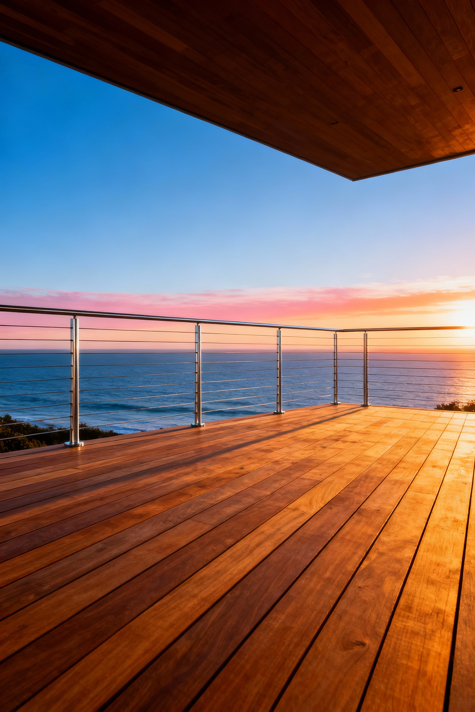 A modern Ipe wood deck overlooking a sunset ocean view, featuring an almost invisible stainless steel cable railing system that maximizes the panoramic coastal horizon.
