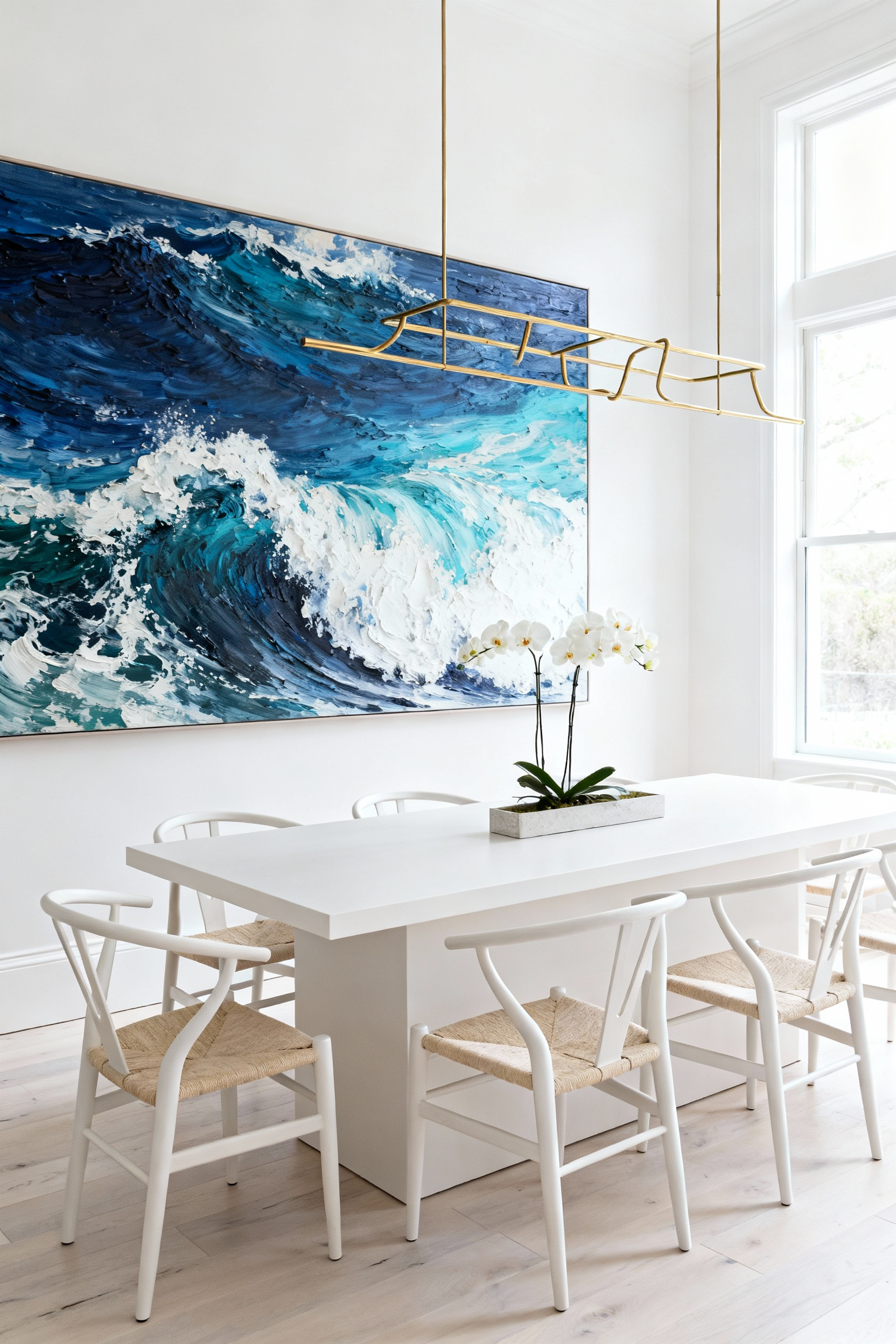 A bright, sophisticated white dining room remodel featuring a large abstract painting in deep blues and whites, evoking coastal chic elegance without nautical clichés.