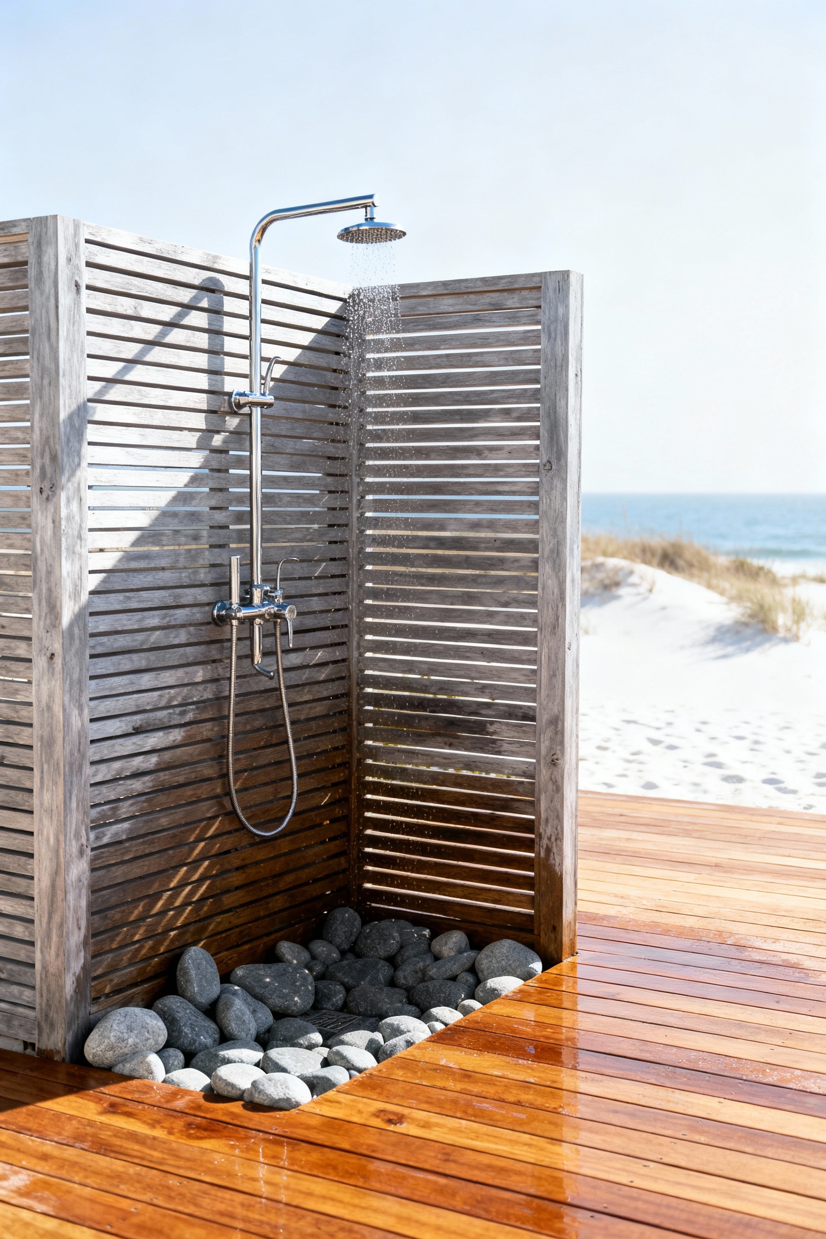 A photograph of a durable cedar slat outdoor shower built into a teak deck in a coastal backyard, featuring stone flooring and marine-grade fixtures designed to protect internal plumbing from sand and salt.