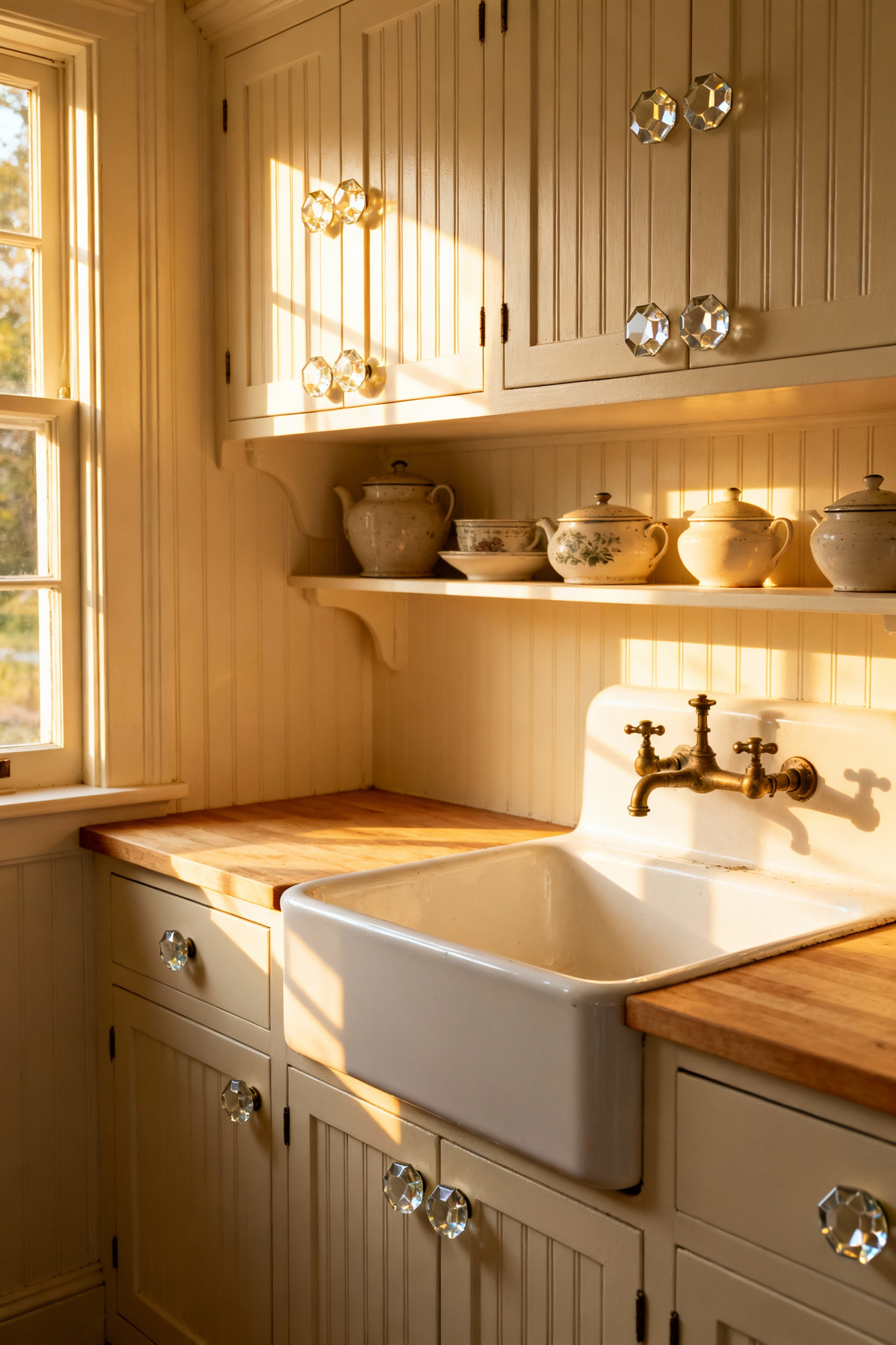 A full view of a small cottage kitchen with cream-colored beadboard cabinets featuring Depression-era hexagonal faceted glass knobs that glisten in the morning light.