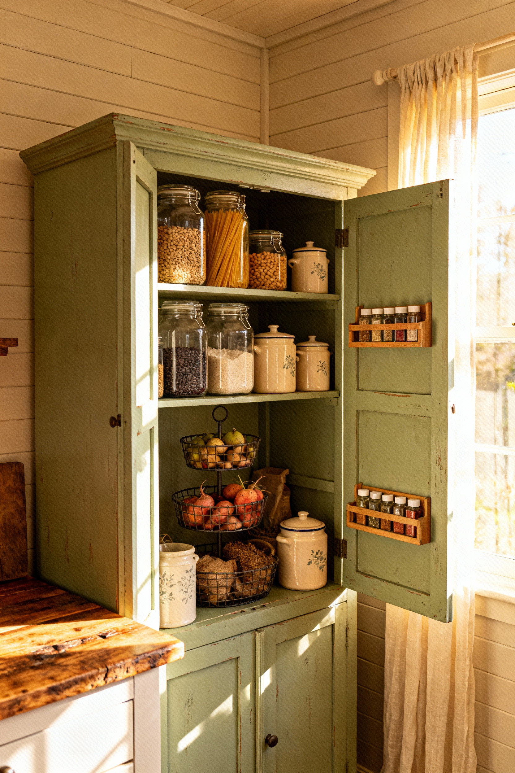A sage green antique wardrobe repurposed as a Larder Armoire standing open in a small, sunlit cottage kitchen, organized with glass jars of dry goods and pantry items.