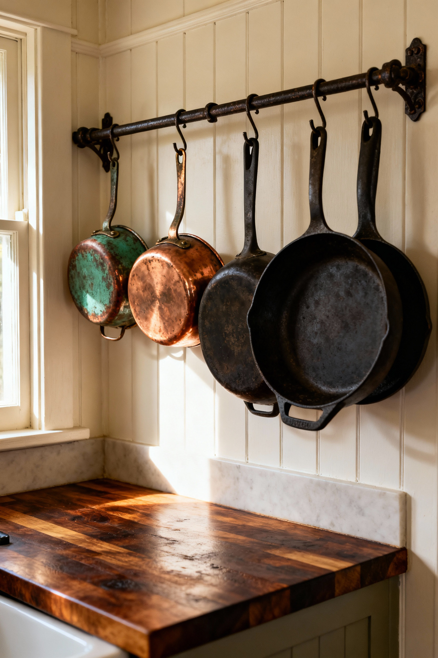 A rustic small cottage kitchen featuring a dark pot rail mounted on a white shiplap wall, displaying patinated copper pots and seasoned cast iron cookware above a wooden counter.