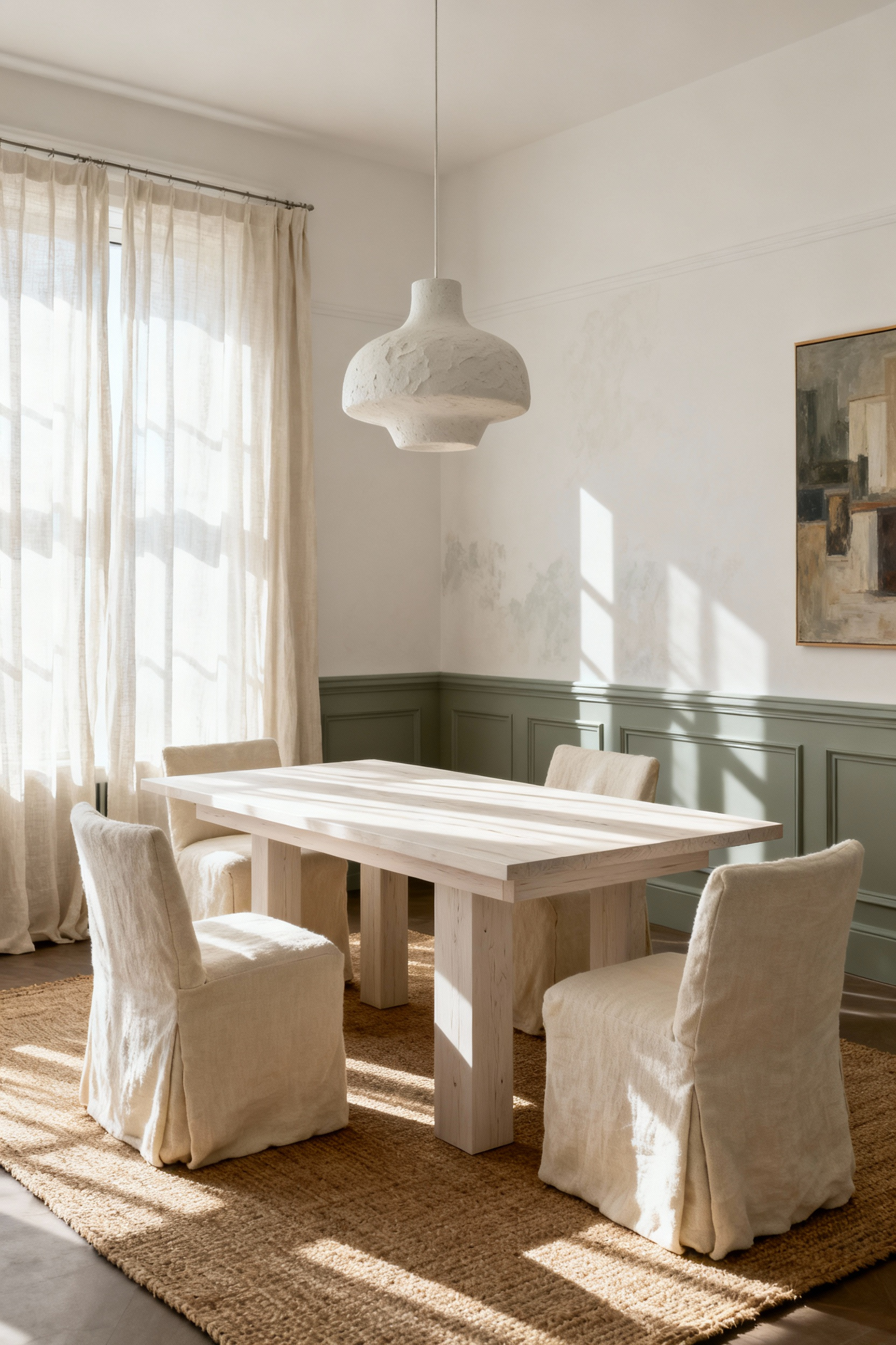 A wide shot of a sophisticated dining room remodel featuring nuanced bone-white walls, extensive architectural molding, a light oak table, and textured linen chairs, creating a curated, gallery-like finish.