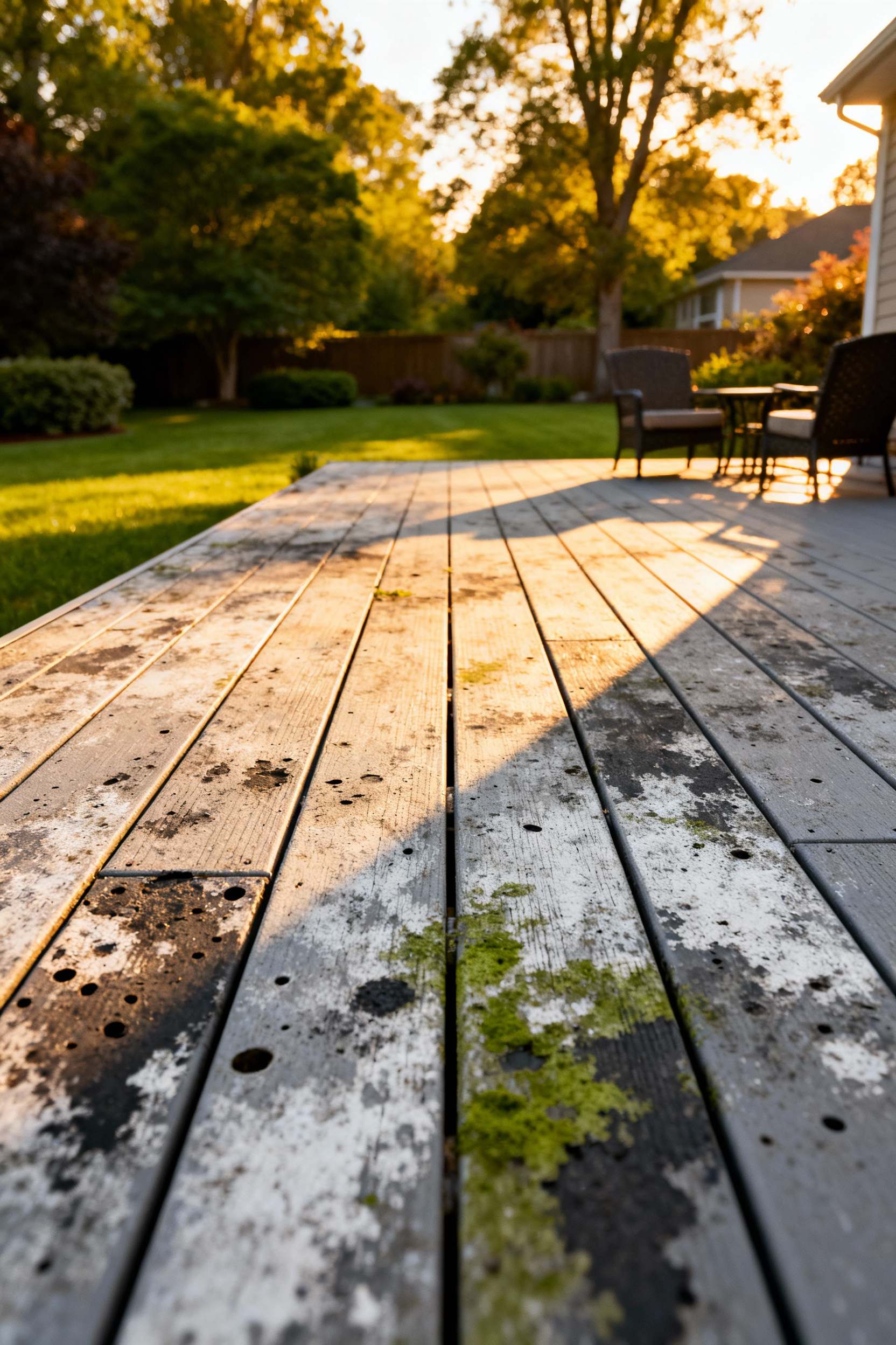 A suburban deck made of stained, faded, and molded first-generation composite decking material, highlighting the maintenance problems before capped technology.