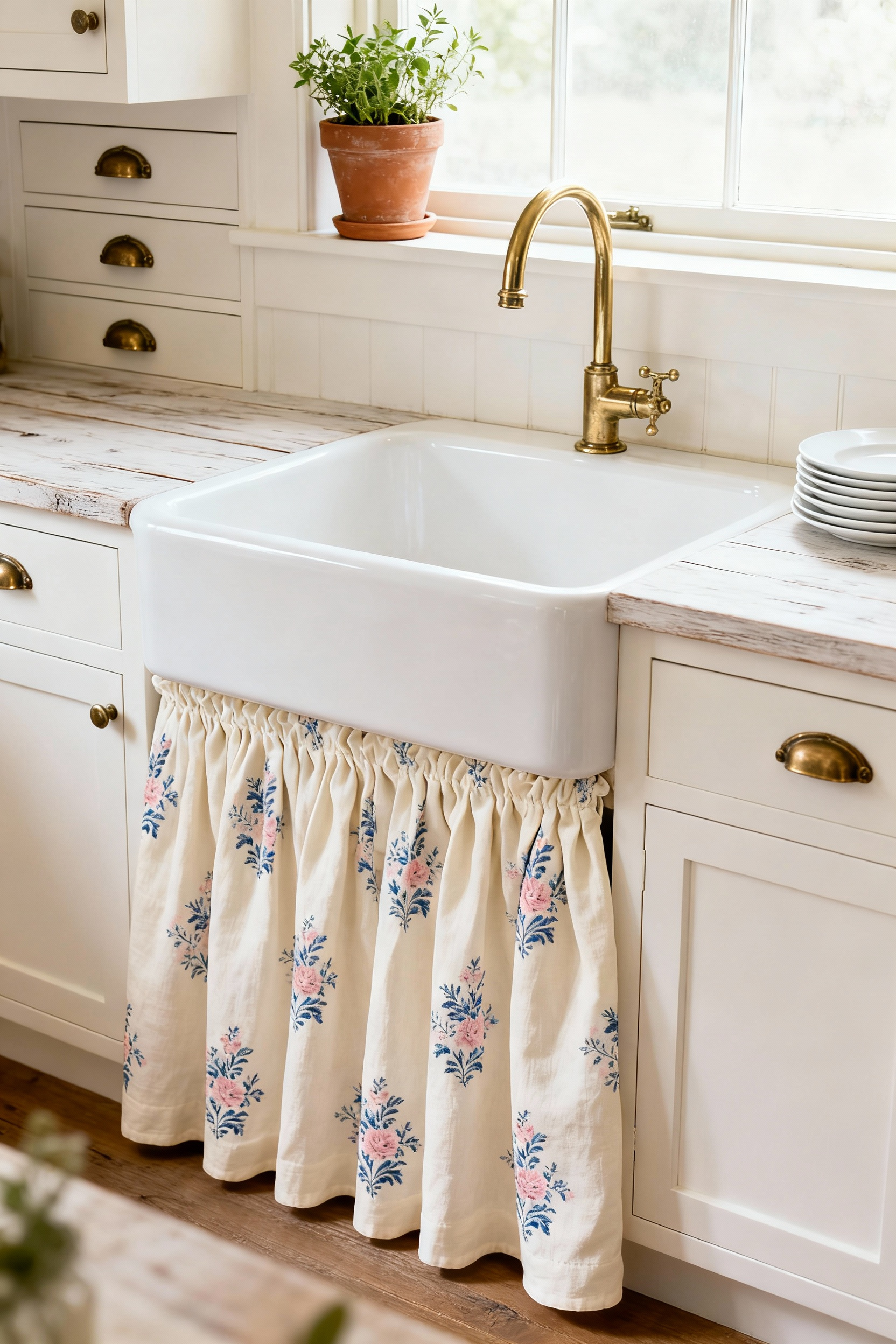 Detailed view of a small cottage kitchen featuring a deep farmhouse sink, white cabinetry, rustic wood counter, and a pleated floral vintage linen sink skirt softening the hard edges.