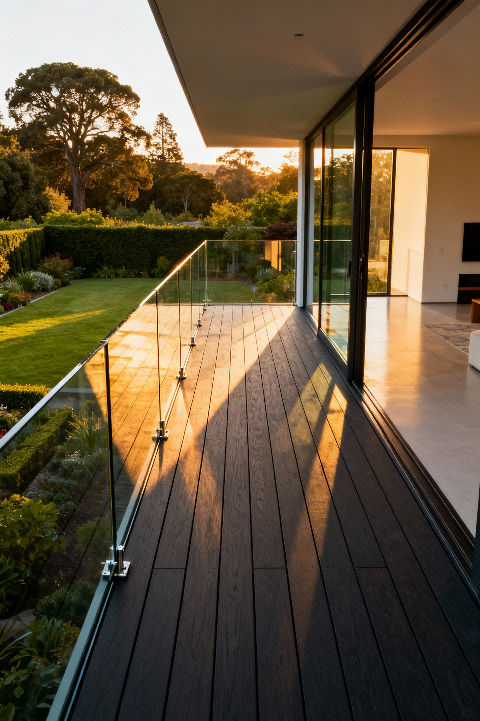 A modern wooden deck featuring a frameless glass balustrade system that provides an uninterrupted panoramic view of a lush backyard and allows natural light to flood the adjacent interior room.