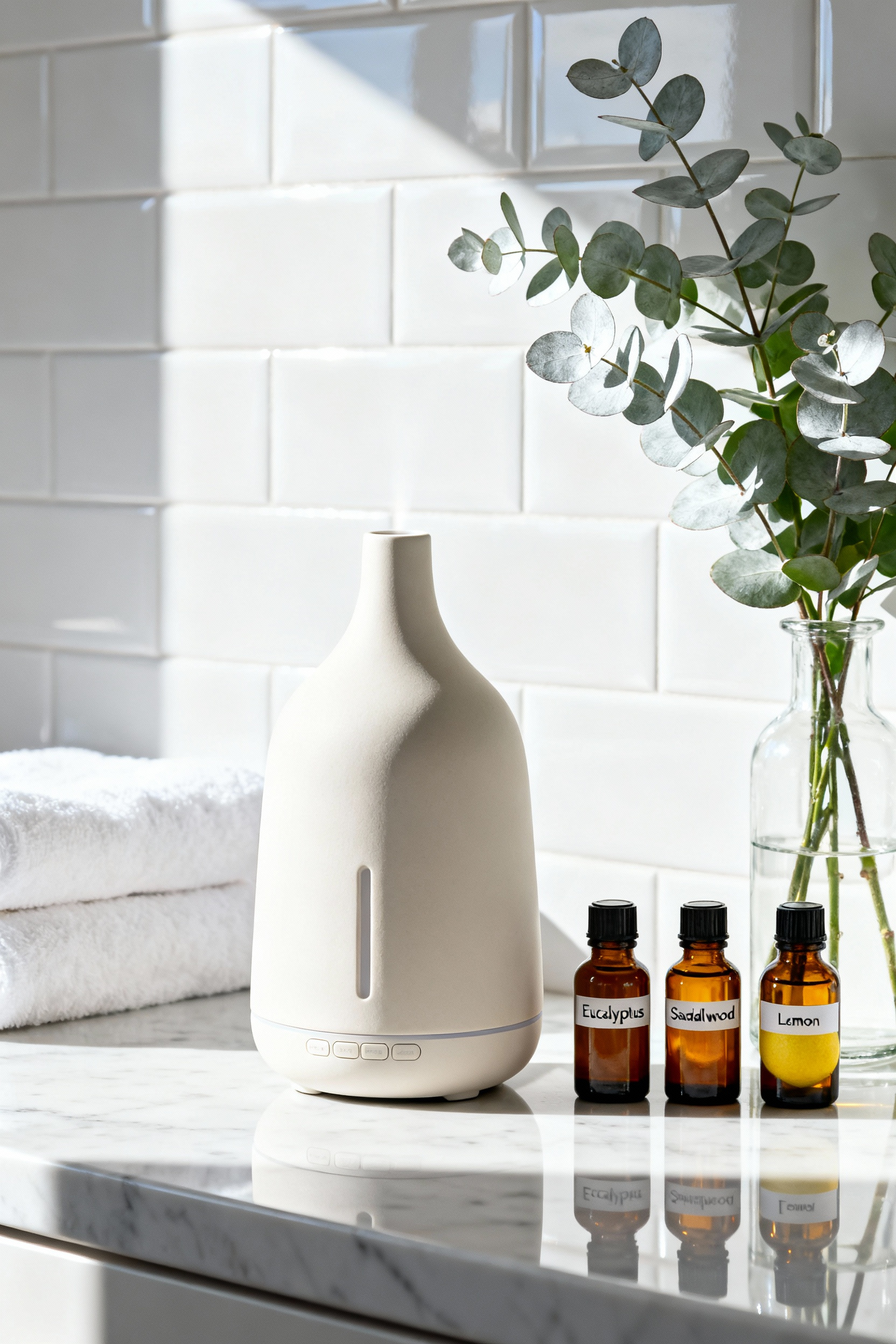 A high-key photograph of a modern white ceramic ultrasonic essential oil diffuser sitting on a marble bathroom counter, surrounded by amber essential oil bottles and fresh eucalyptus.