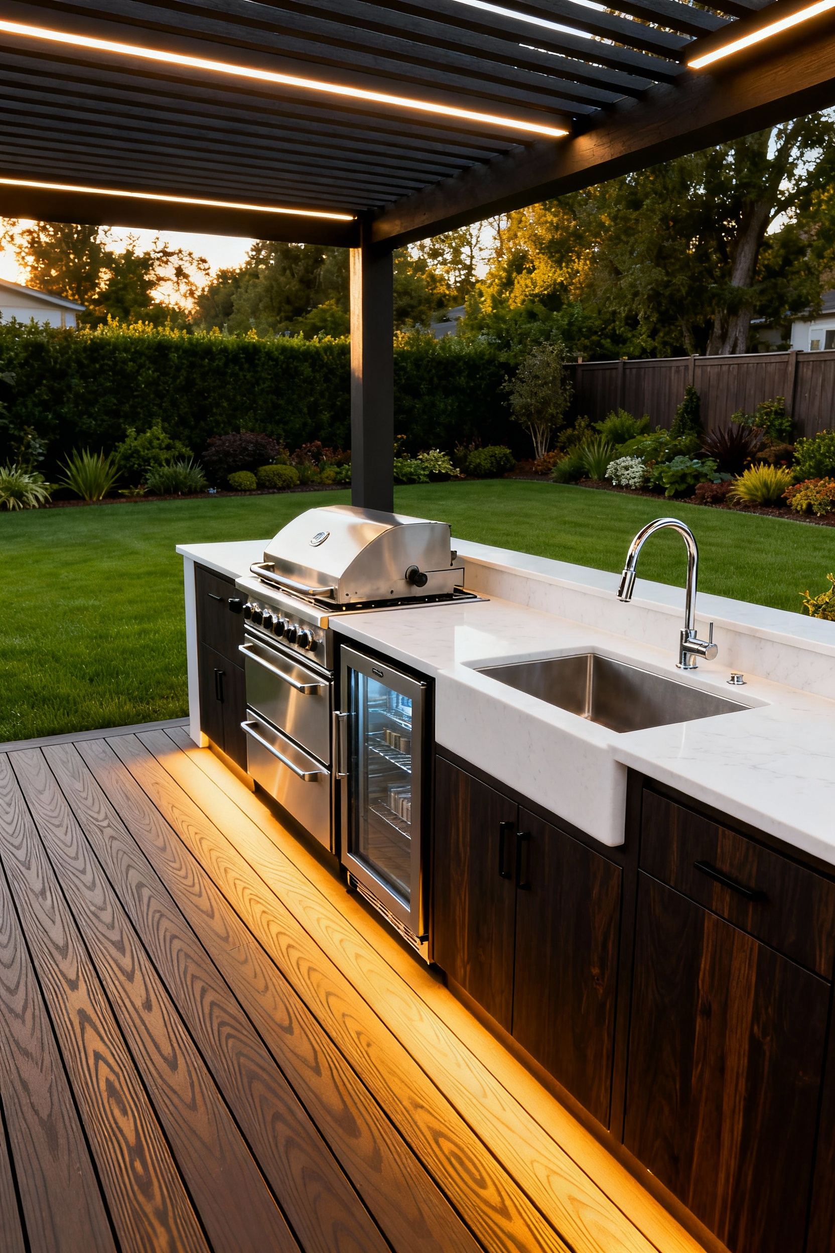 A luxury, self-sufficient outdoor kitchen built on a modern backyard deck featuring built-in stainless steel appliances, quartz countertops, and extensive storage drawers, designed for sophisticated social hosting.