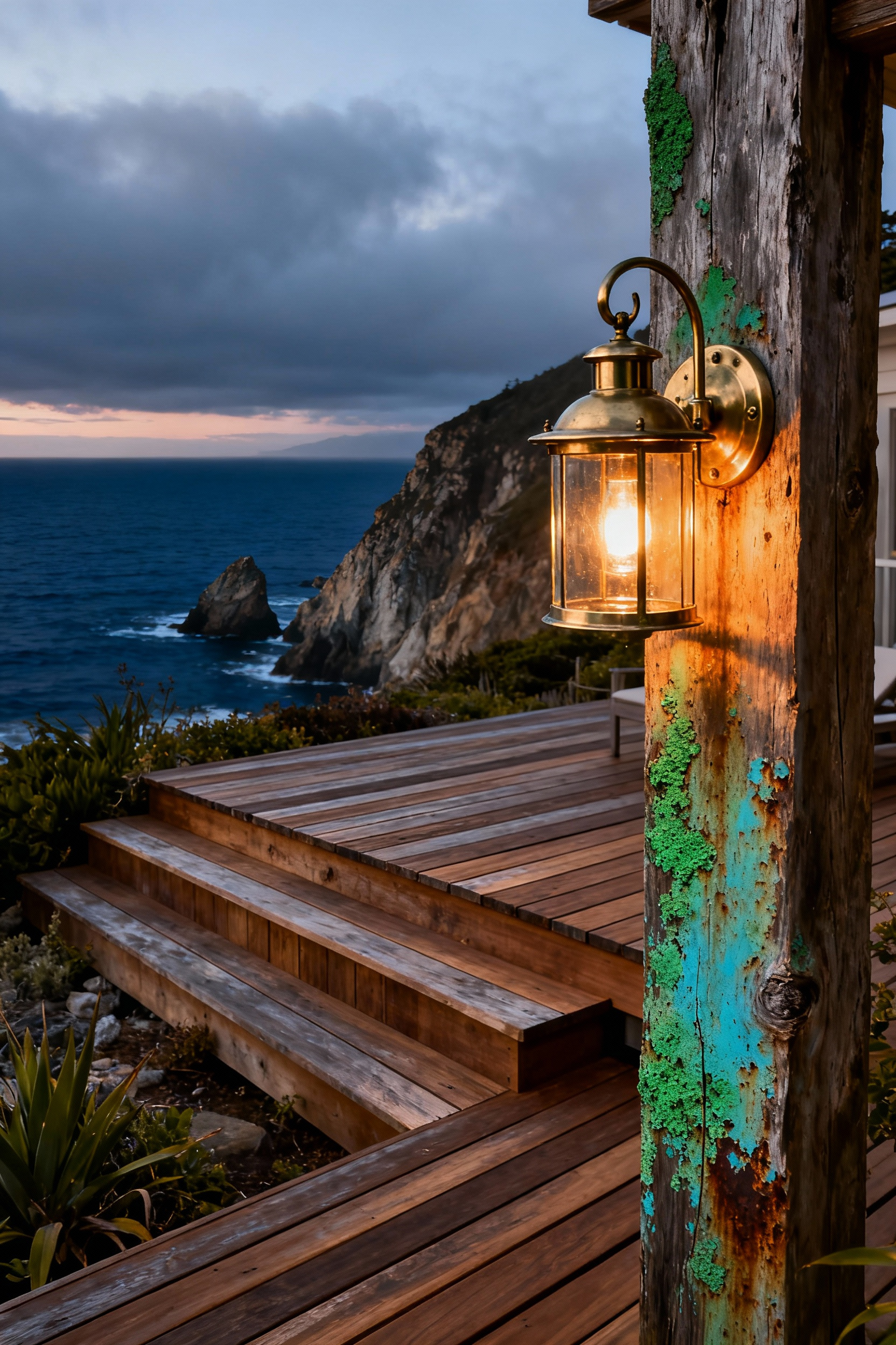 A heavily patinated brass nautical bulkhead light fixture mounted on a coastal backyard deck post, showing rich verdigris hues at twilight with the ocean in the background.