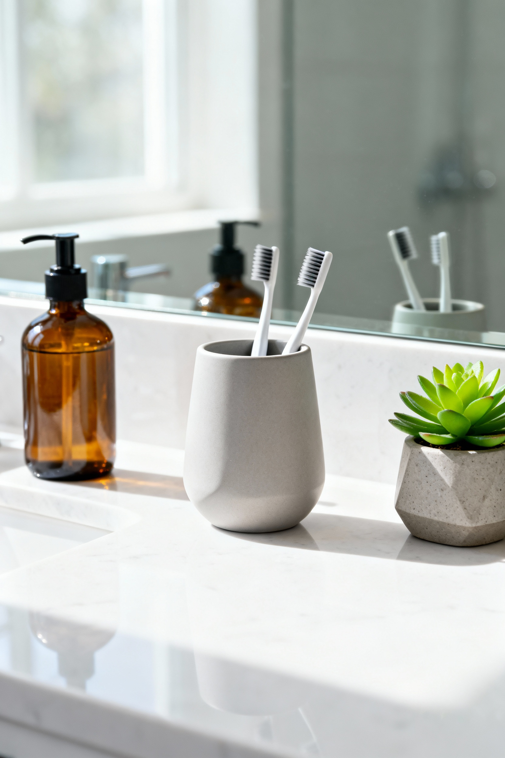 A modern, hygienic bathroom counter featuring a matte gray ceramic toothbrush holder that hides brush bristles, alongside amber soap dispenser and a small succulent on a white quartz vanity.