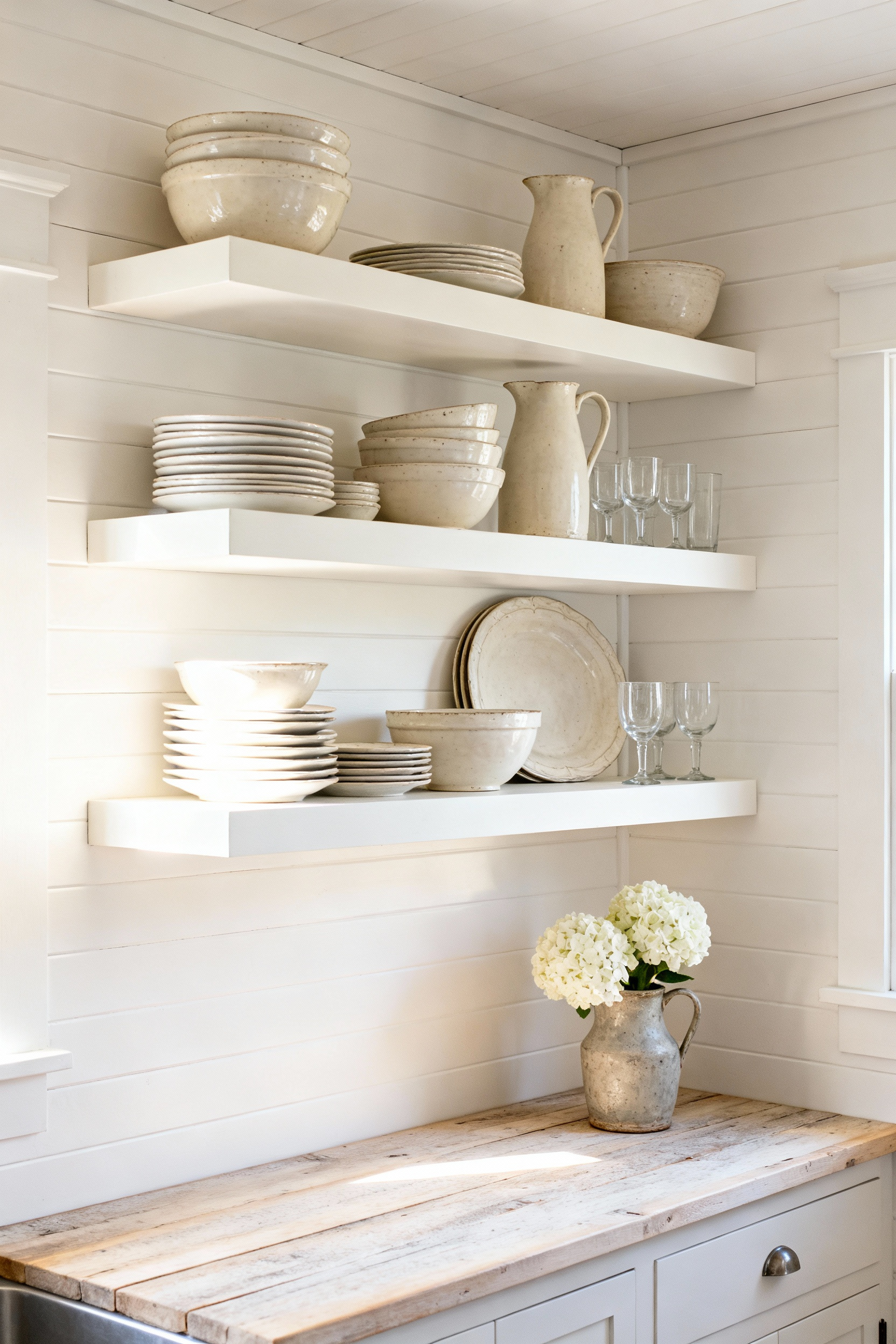 Open shelving in a small cottage kitchen displays a curated collection of white ironstone tableware and clear glassware, maintaining a strict monochromatic palette to prevent visual clutter.