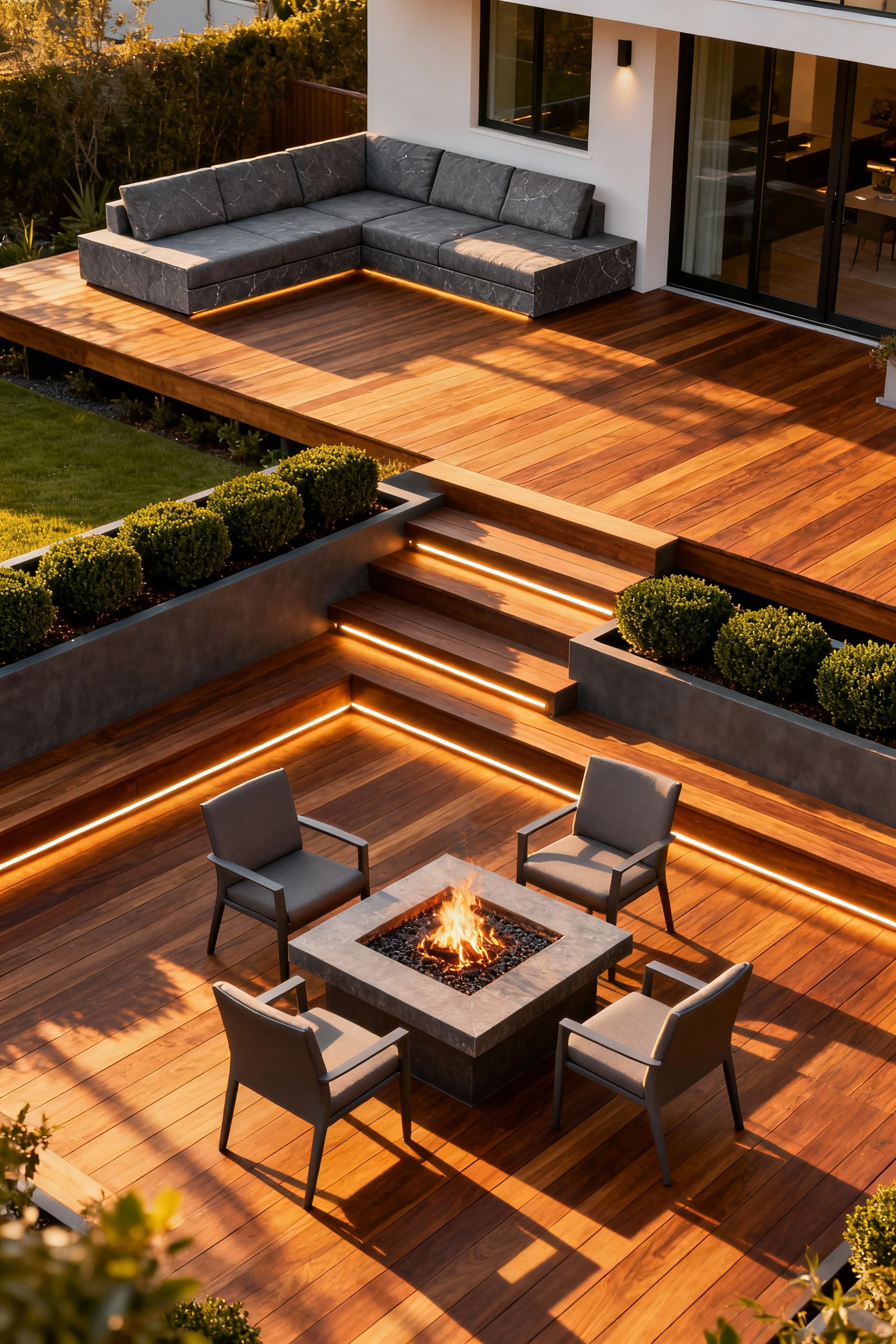 A luxurious multi-level cedar deck defining two separate backyard zones: an upper entertaining area with a large sofa and a lower lounging area centered around a rectangular fire pit, illustrating vertical zoning without physical walls.