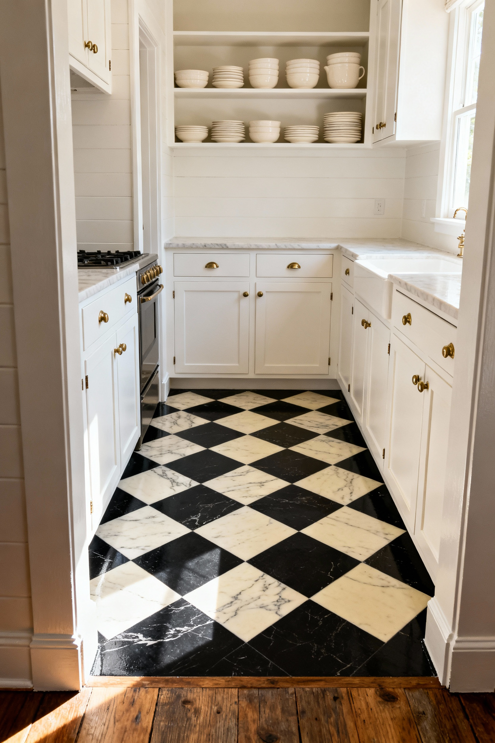 Small cottage kitchen interior featuring a newly painted high-contrast black and white checkerboard floor over worn wood planks.