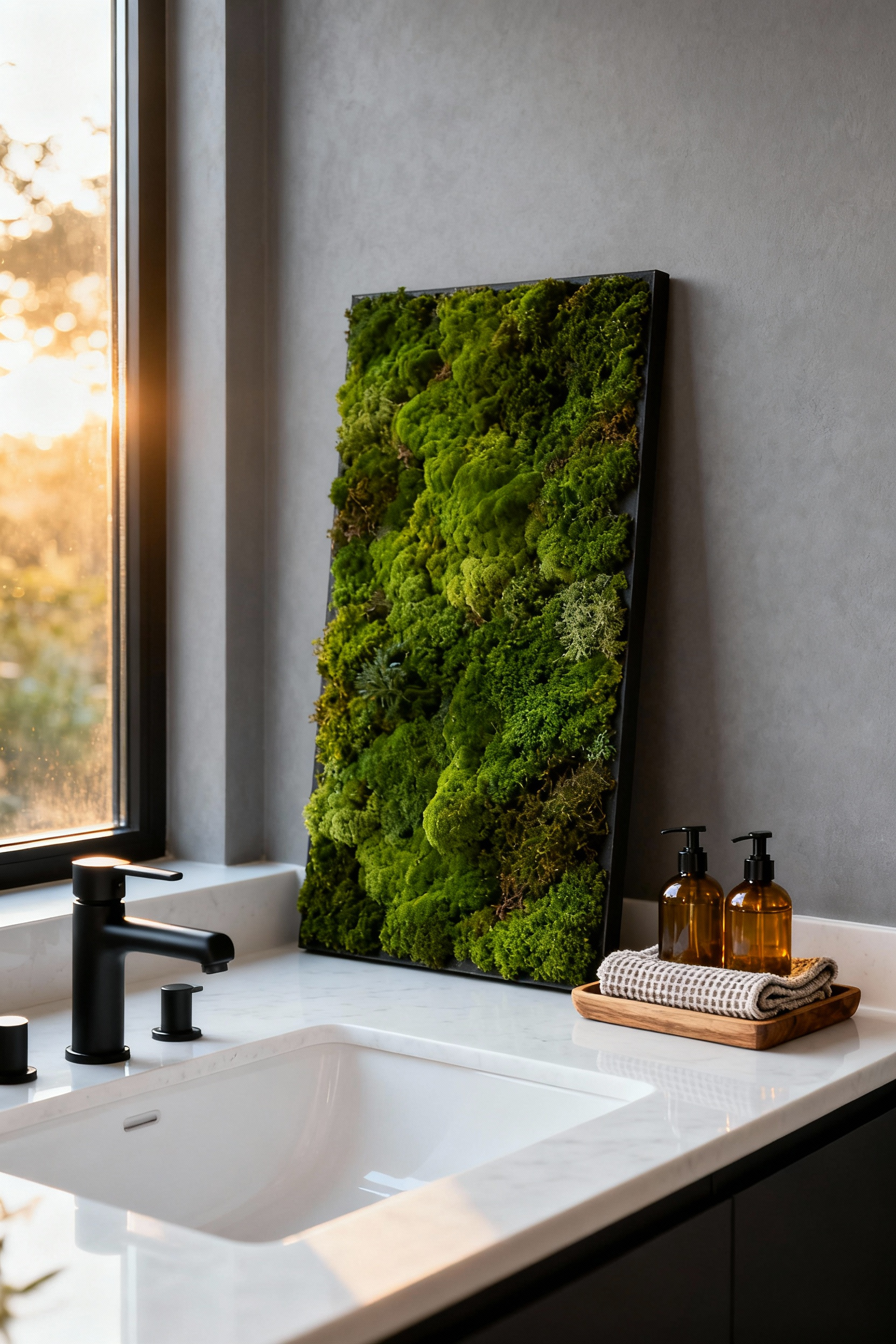 Preserved moss art framed in wood sitting on a white bathroom counter next to amber soap bottles, illustrating biophilic decor and organic texture in a clean, modern bathroom setting.