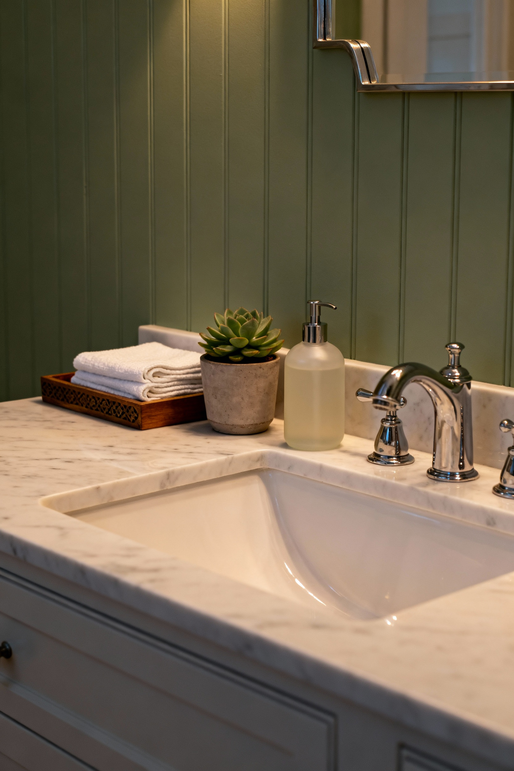 A pristine white marble bathroom counter featuring minimalist evening decor, including a small succulent, a decorative wooden tray, and high-end toiletry bottles, captured in soft, tranquil lighting.