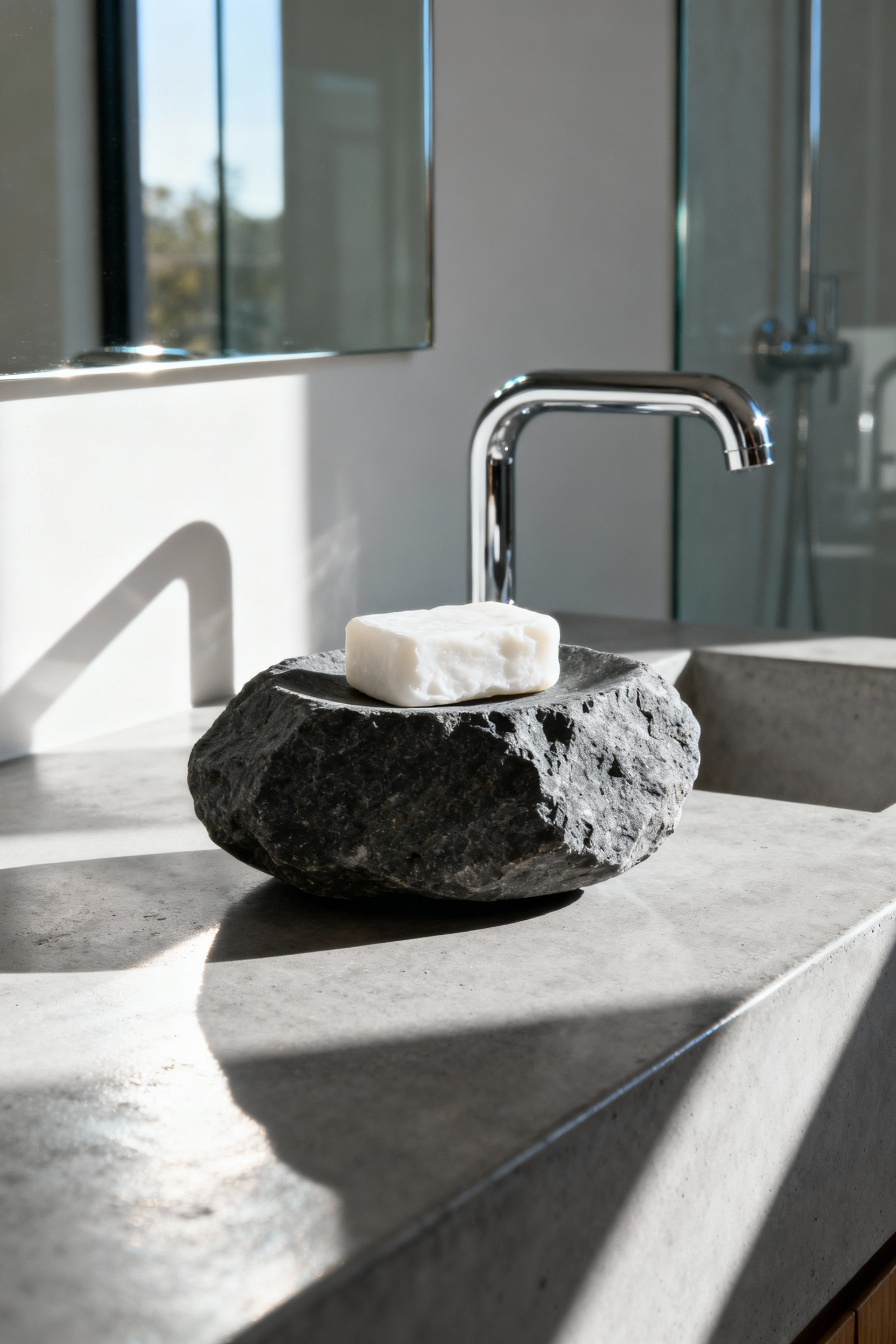 A raw, dark gray unpolished river stone soap dish resting on a minimalist light gray polished concrete bathroom counter, demonstrating the grounding Earth element.