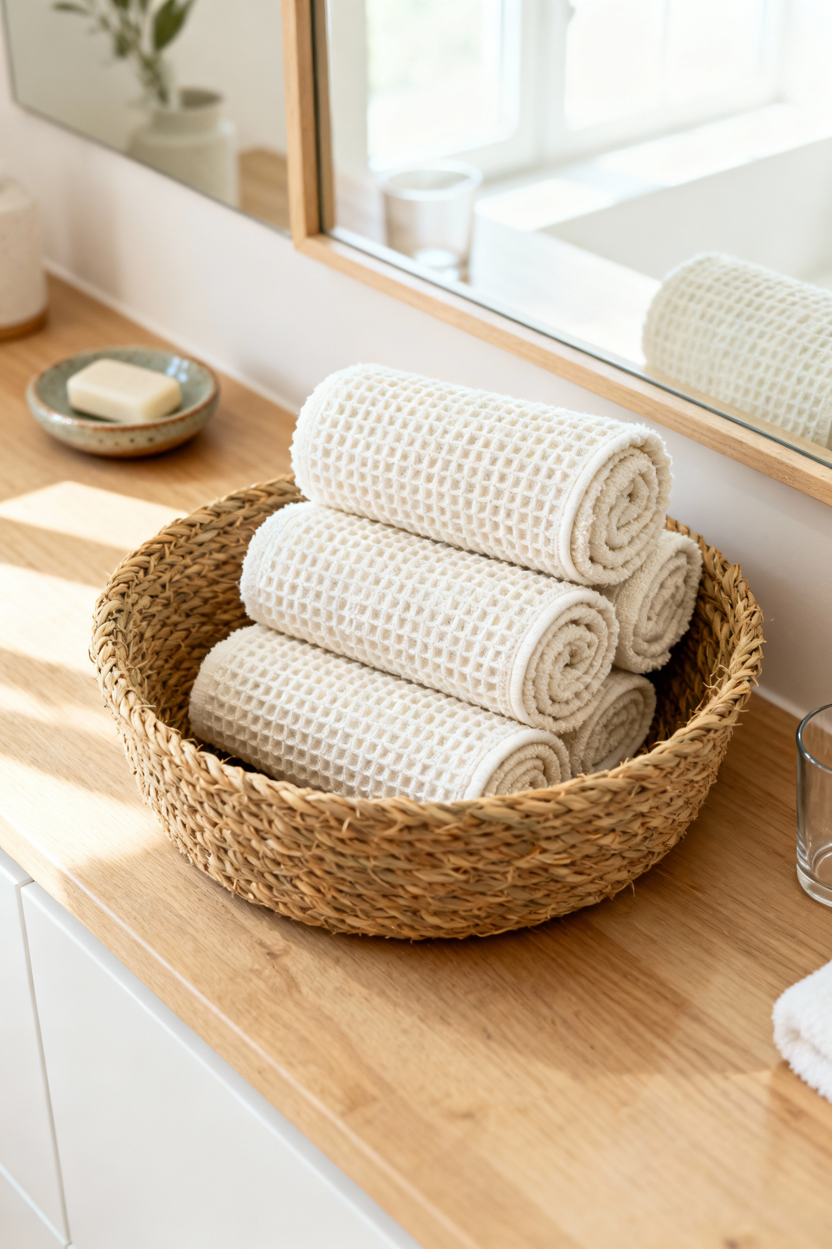 Rolled organic white waffle-weave washcloths stored vertically inside a round woven seagrass basket on a light wood bathroom counter, emphasizing textile softness and elegant bathroom counter decor.