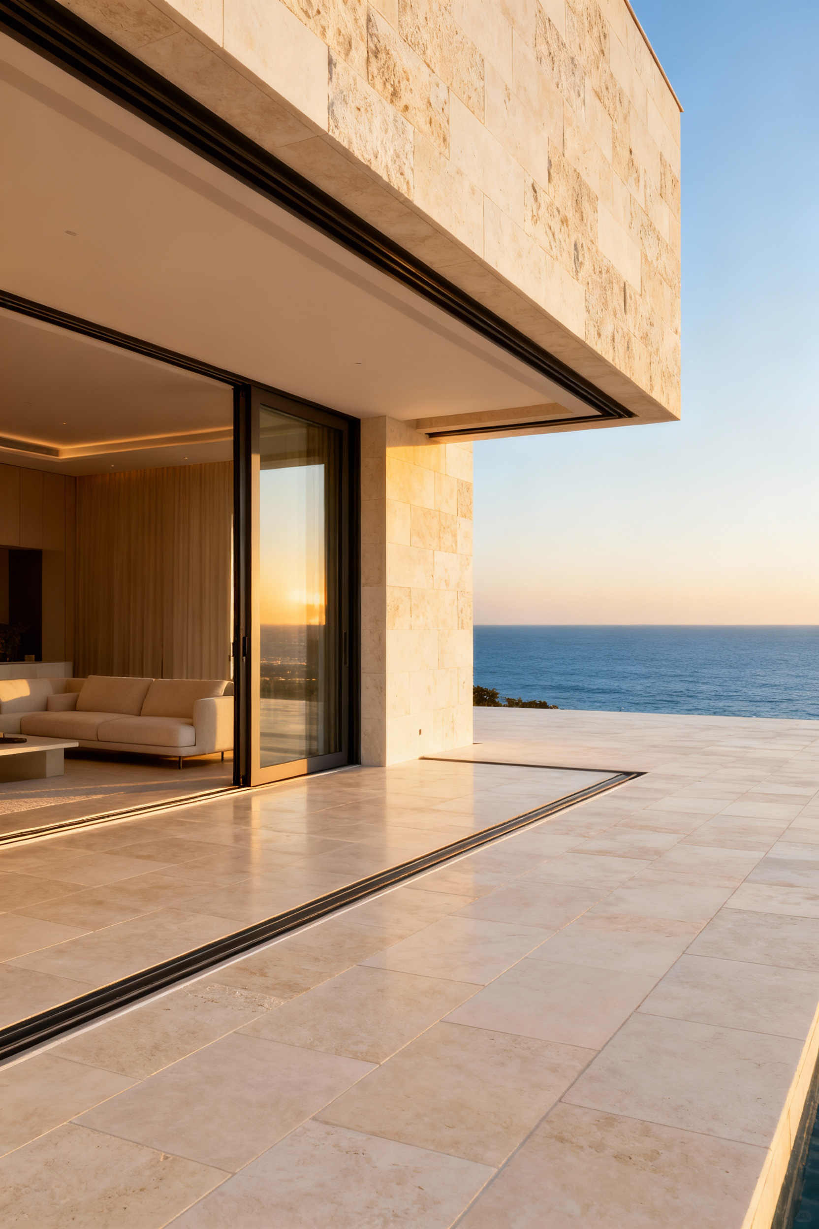 Detailed view of a luxury coastal home threshold where large-format limestone flooring runs seamlessly from the indoor lounge to the outdoor terrace, showcasing a flush transition without any step-down.