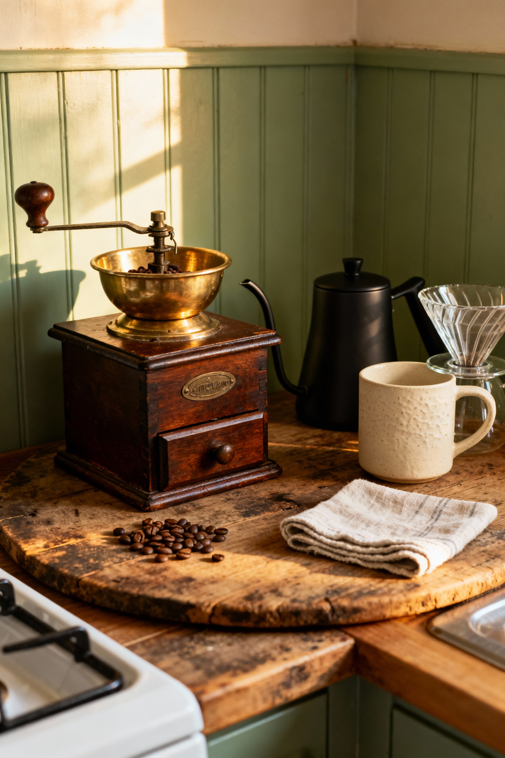 A detailed photograph of a small cottage kitchen countertop dedicated to a coffee ritual, featuring an antique wooden box grinder and pour-over setup illuminated by morning light.