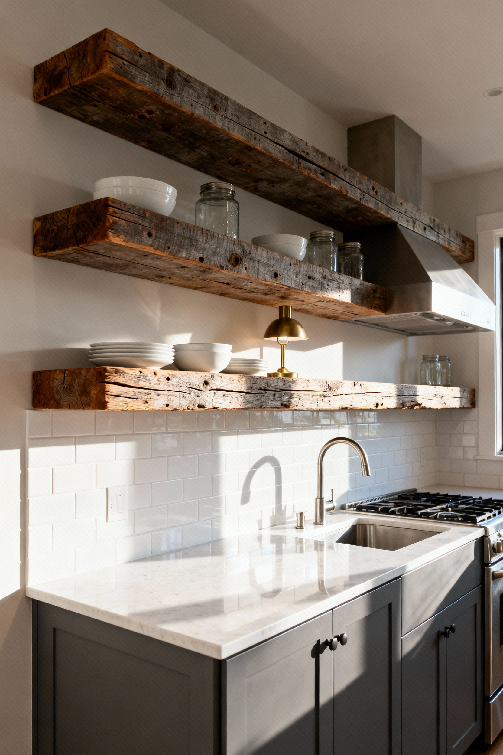 Small cottage kitchen featuring slate gray cabinets, white quartz, and thick reclaimed wood floating shelves displaying rich patina and visible saw kerf marks.