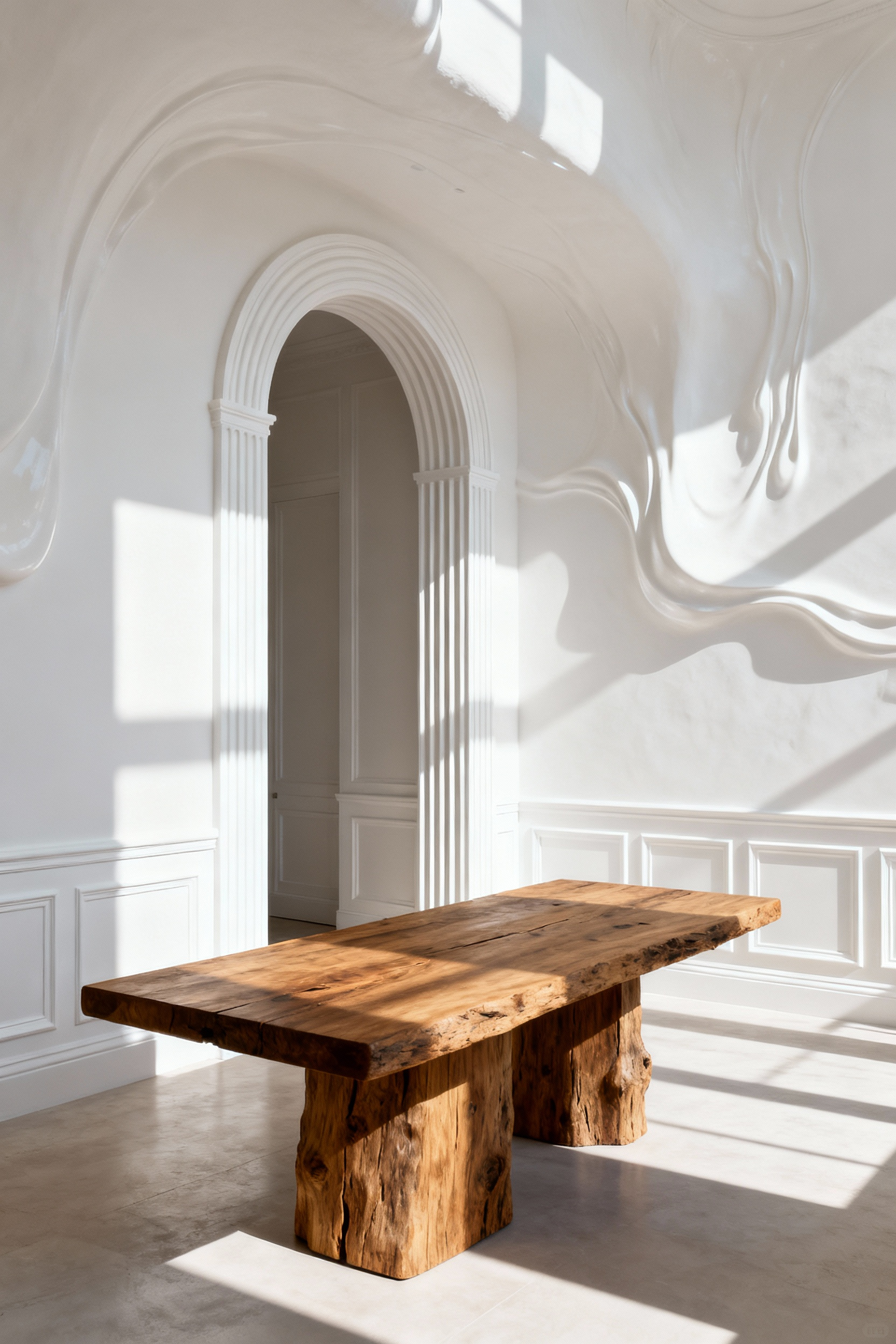 White dining room remodel featuring deep wainscoting and fluted molding, dramatically illuminated by sharp directional sunlight emphasizing shadow and form.