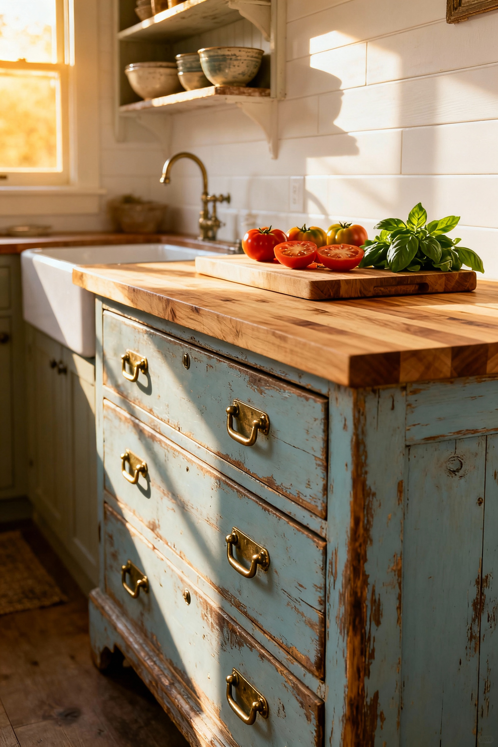 Antique pale blue dresser repurposed as a butcher block prep island in a sunlit small cottage kitchen with shiplap walls.