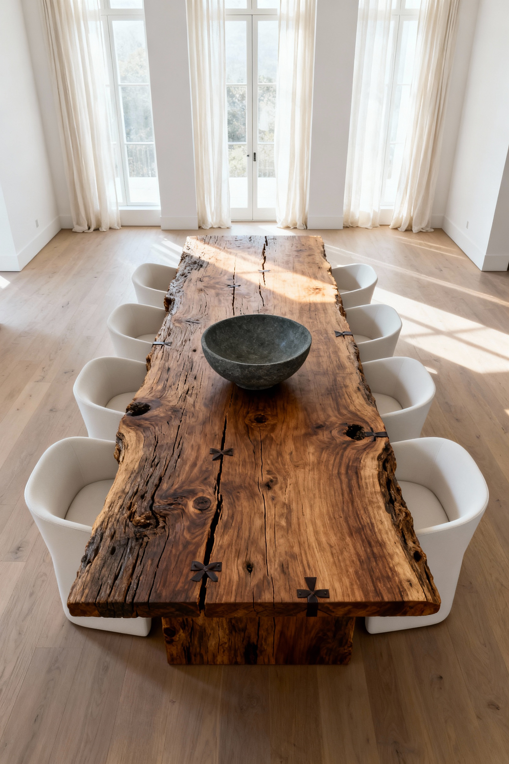 A wide shot of a modern white dining room featuring a massive raw, live-edge wood dining table that showcases natural knots and cracks, embodying Wabi-Sabi design principles and Biophilic grounding.
