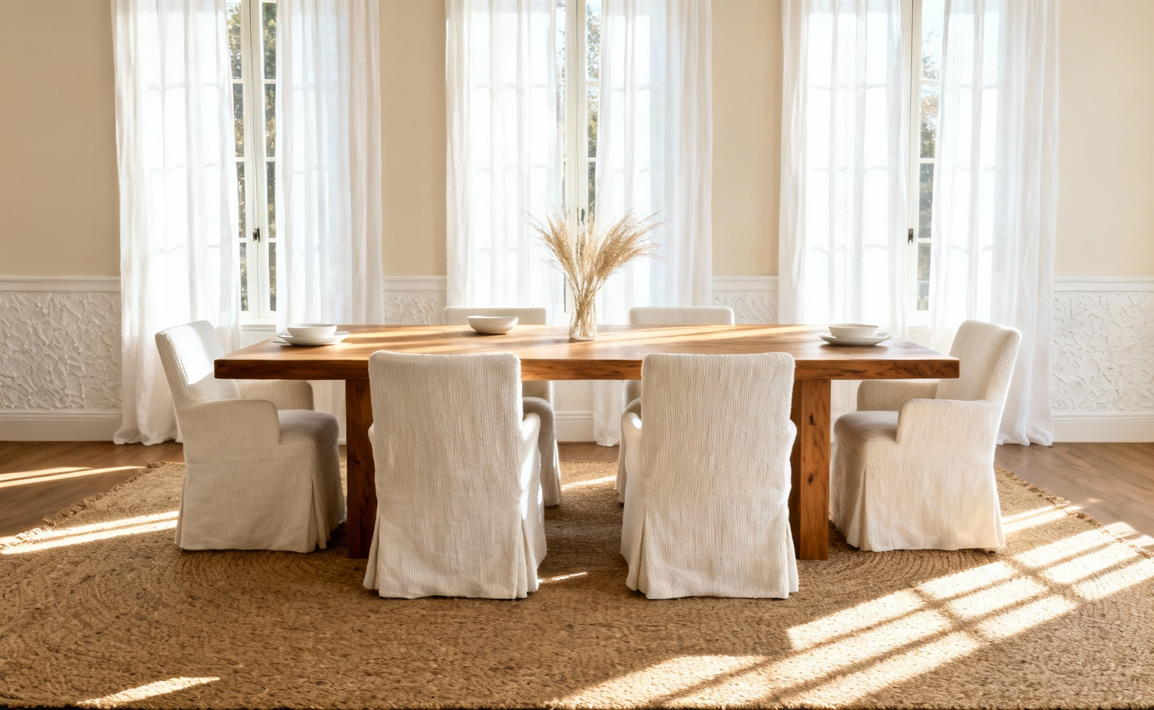 Warm, inviting white dining room remodel featuring textured linen chairs, an oak wood table, and soft morning sunlight streaming through sheer curtains.