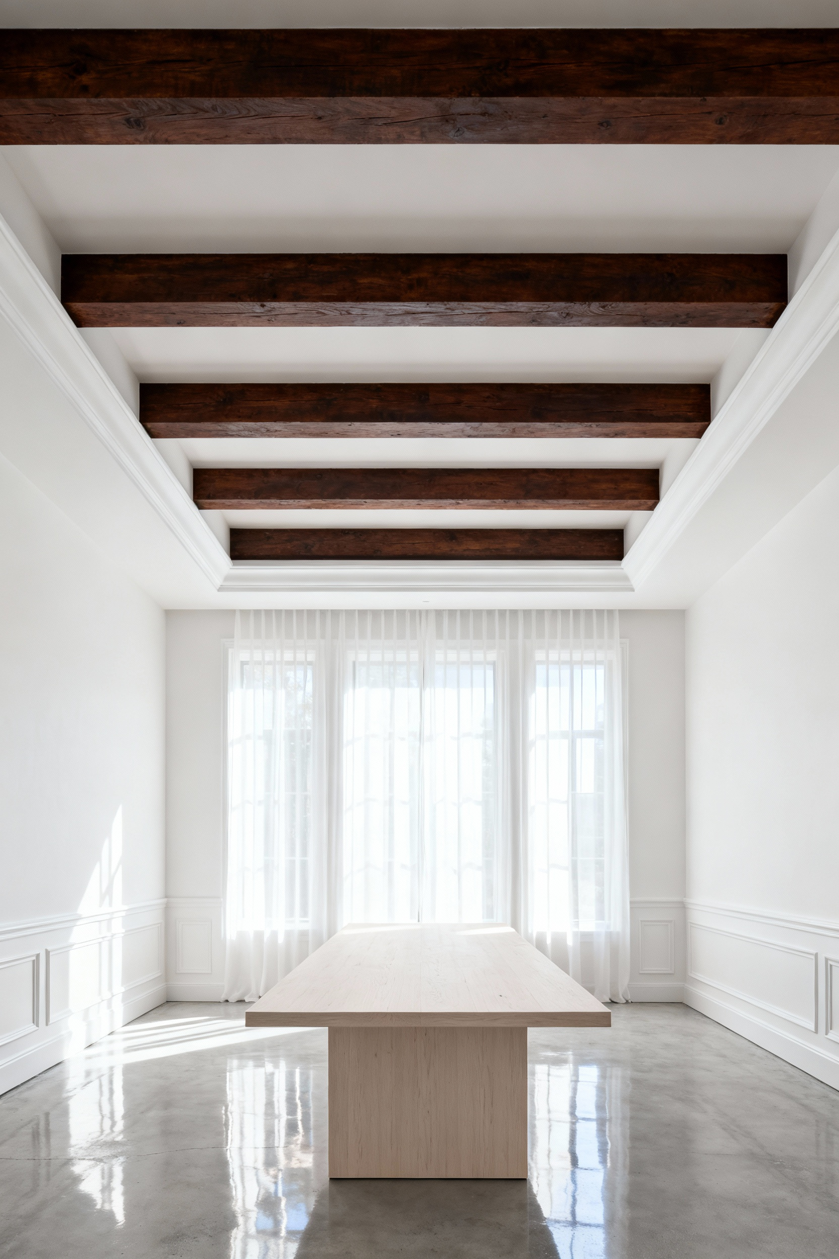 A modern white dining room featuring a high ceiling with heavy, dark-stained exposed wood beams. The white paint used in the ceiling recesses creates a high-contrast optical illusion of height and space.