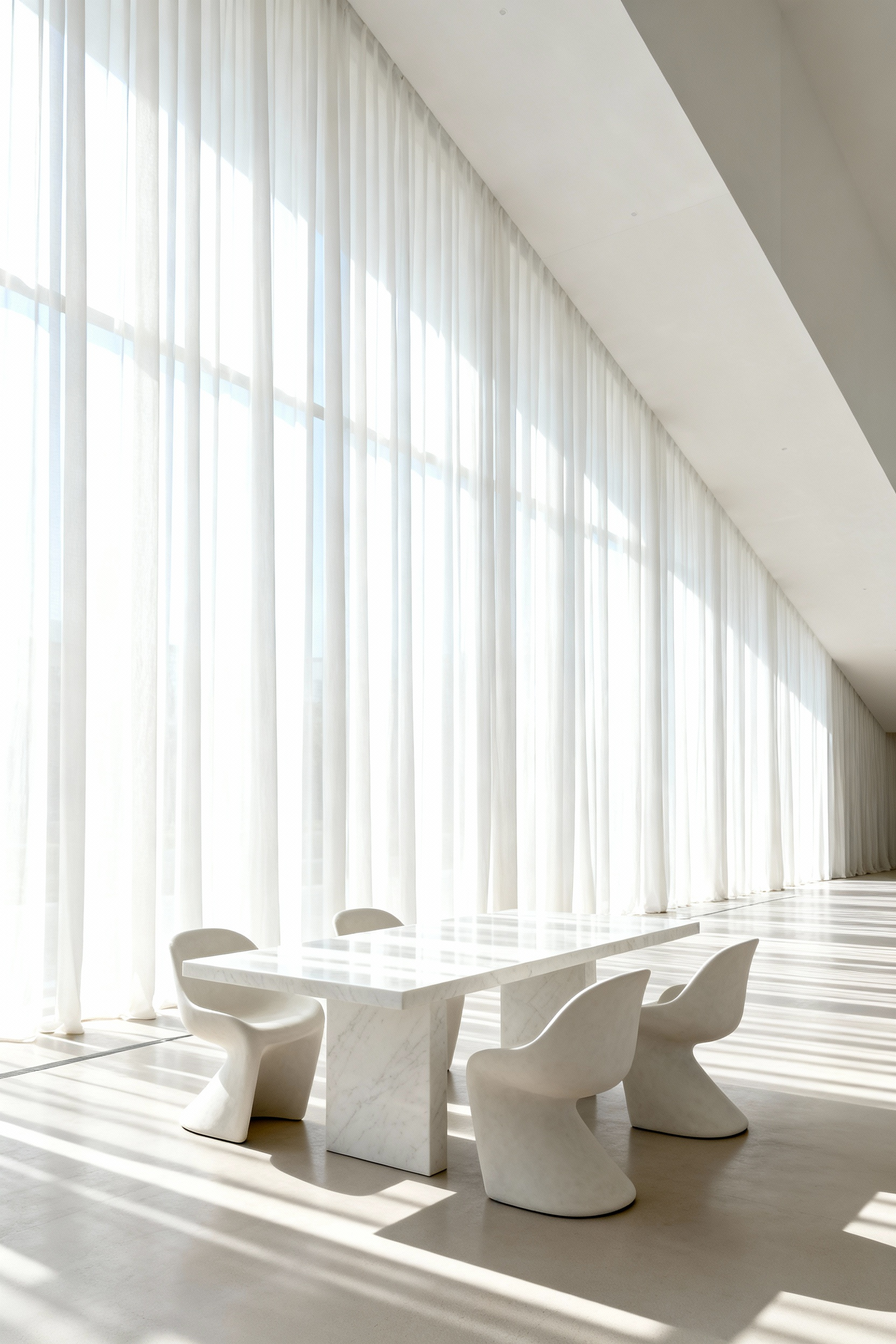 A modern white dining room featuring floor-to-ceiling windows covered by ceiling-mounted sheer white drapery that diffuses the natural light, emphasizing the height of the walls.