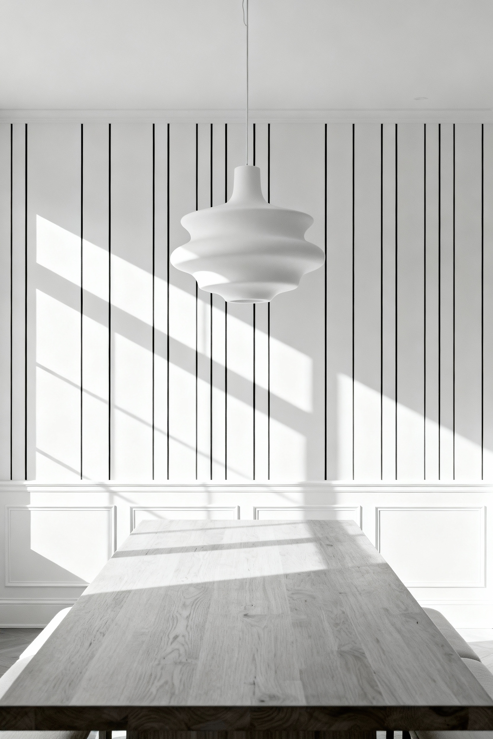 Monochromatic white dining room featuring vertical "Nickel Gap" shiplap wall paneling, with strong directional light highlighting the architectural shadow lines and rhythmic texture.