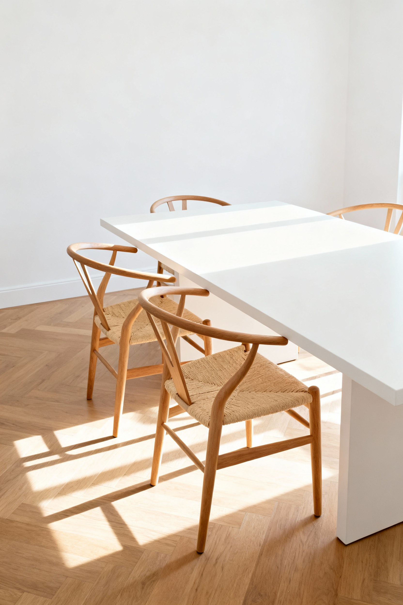 A bright white dining room featuring four natural oak Wishbone Chairs (Y Chairs) with paper cord seats surrounding a matte white modern dining table, illustrating cross-cultural design history.