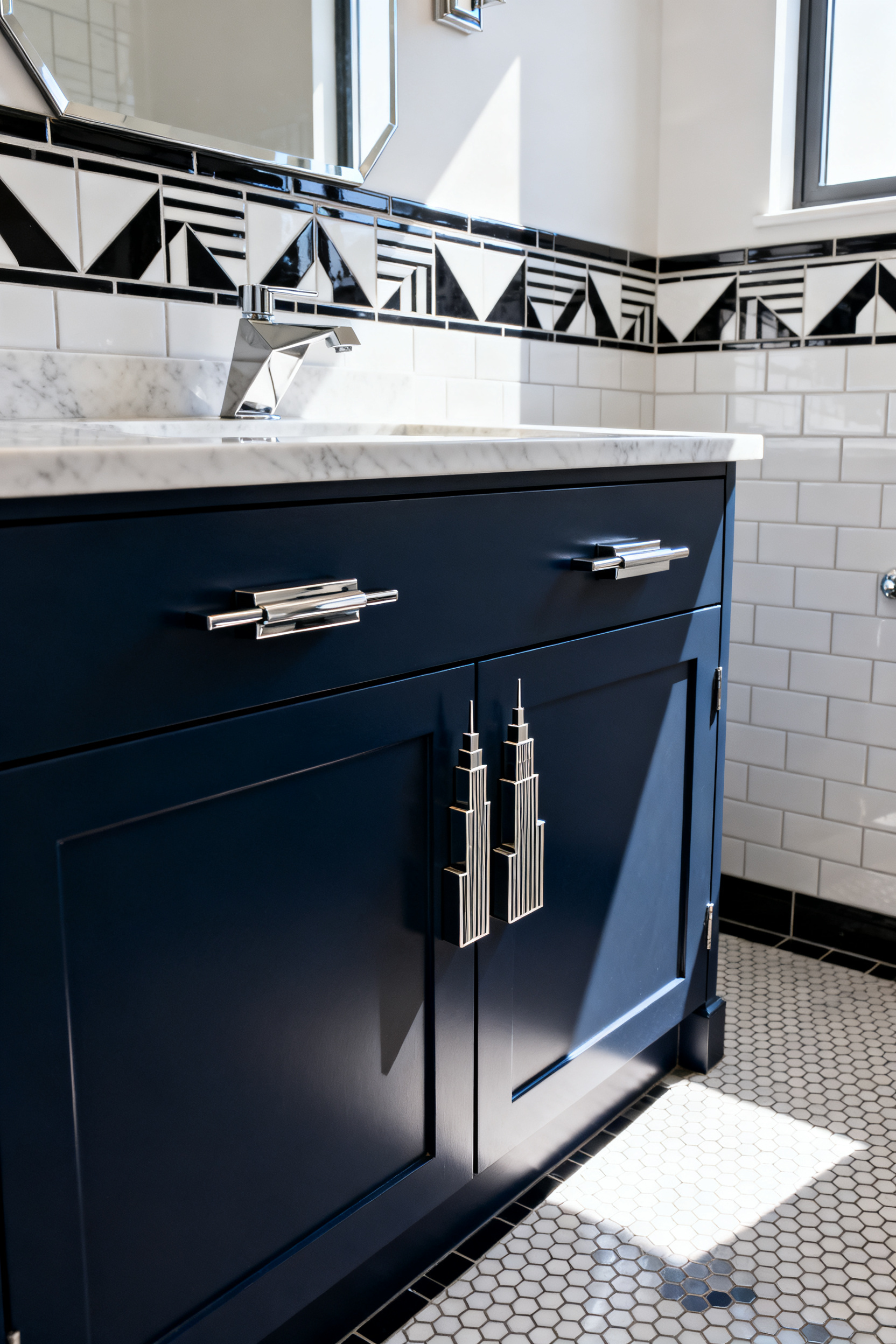 A luxurious Art Deco bathroom featuring a navy blue vanity cabinet and sharply geometric, angular nickel hardware designed to resemble stepped architectural silhouettes.