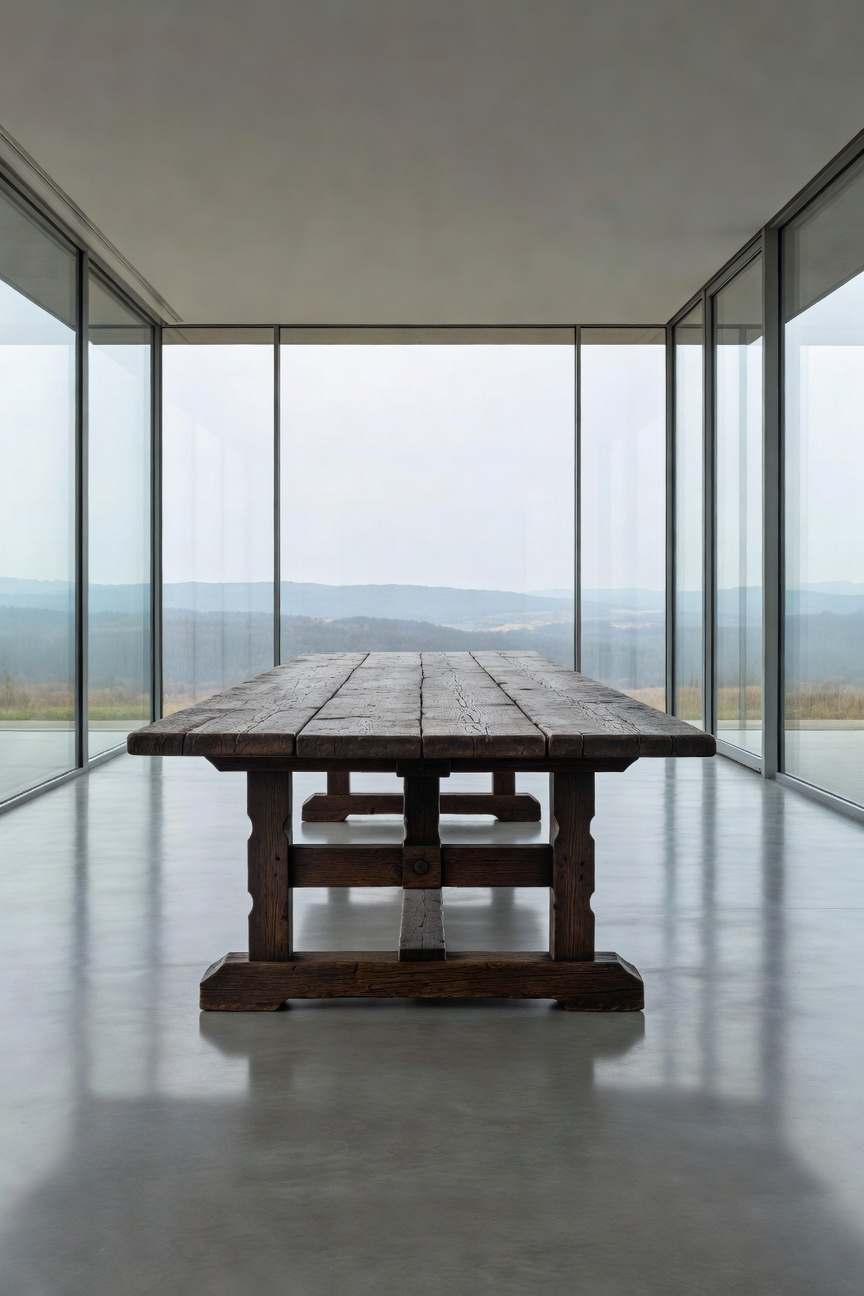 A heavy 17th-century oak trestle dining room table creates a striking contrast inside a minimalist modern room with concrete floors and glass walls.