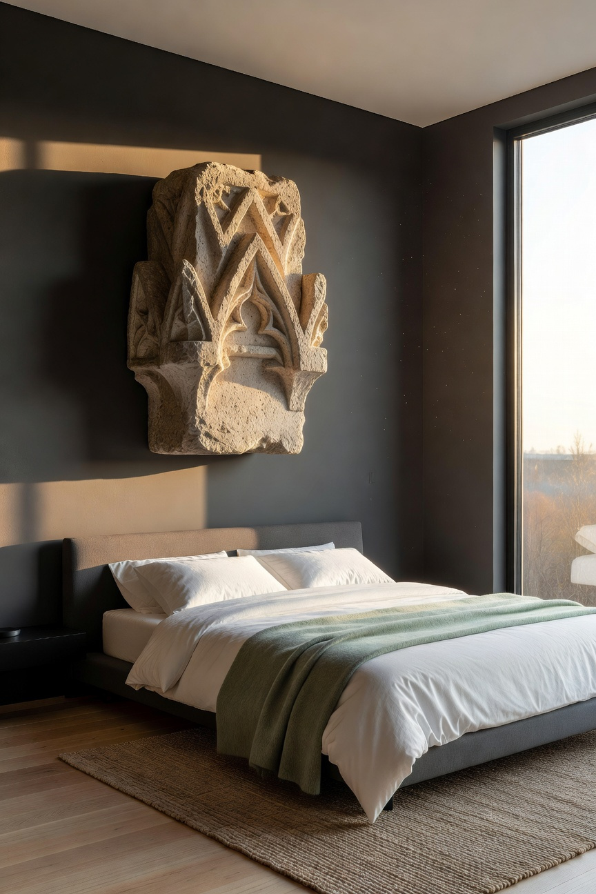 A modern bedroom featuring a weathered stone architectural finial mounted as wall art above a minimalist bed.