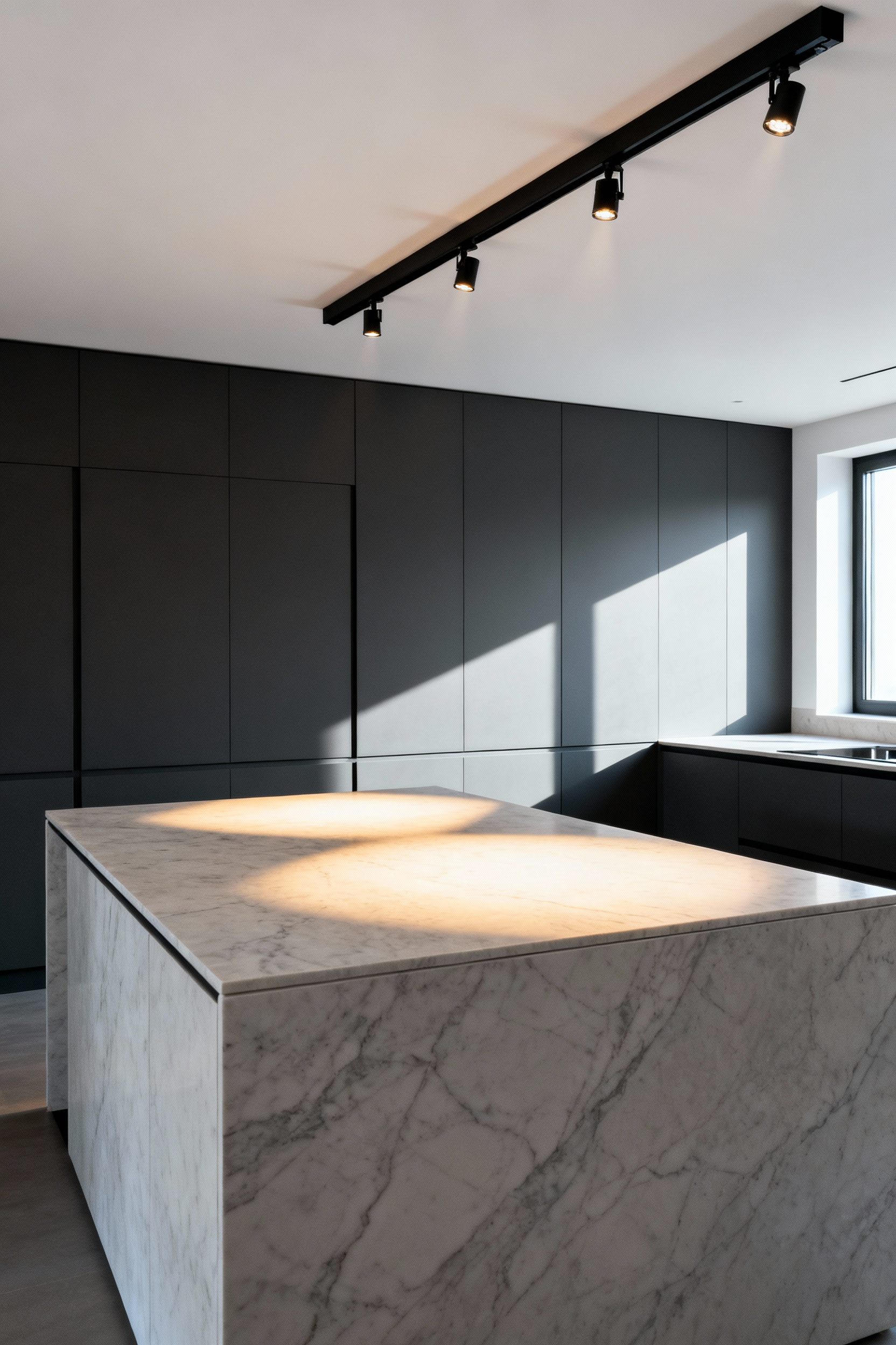 Minimalist modern kitchen featuring a seamless white ceiling and integrated black architectural track lighting casting focused task light onto a grey stone island.