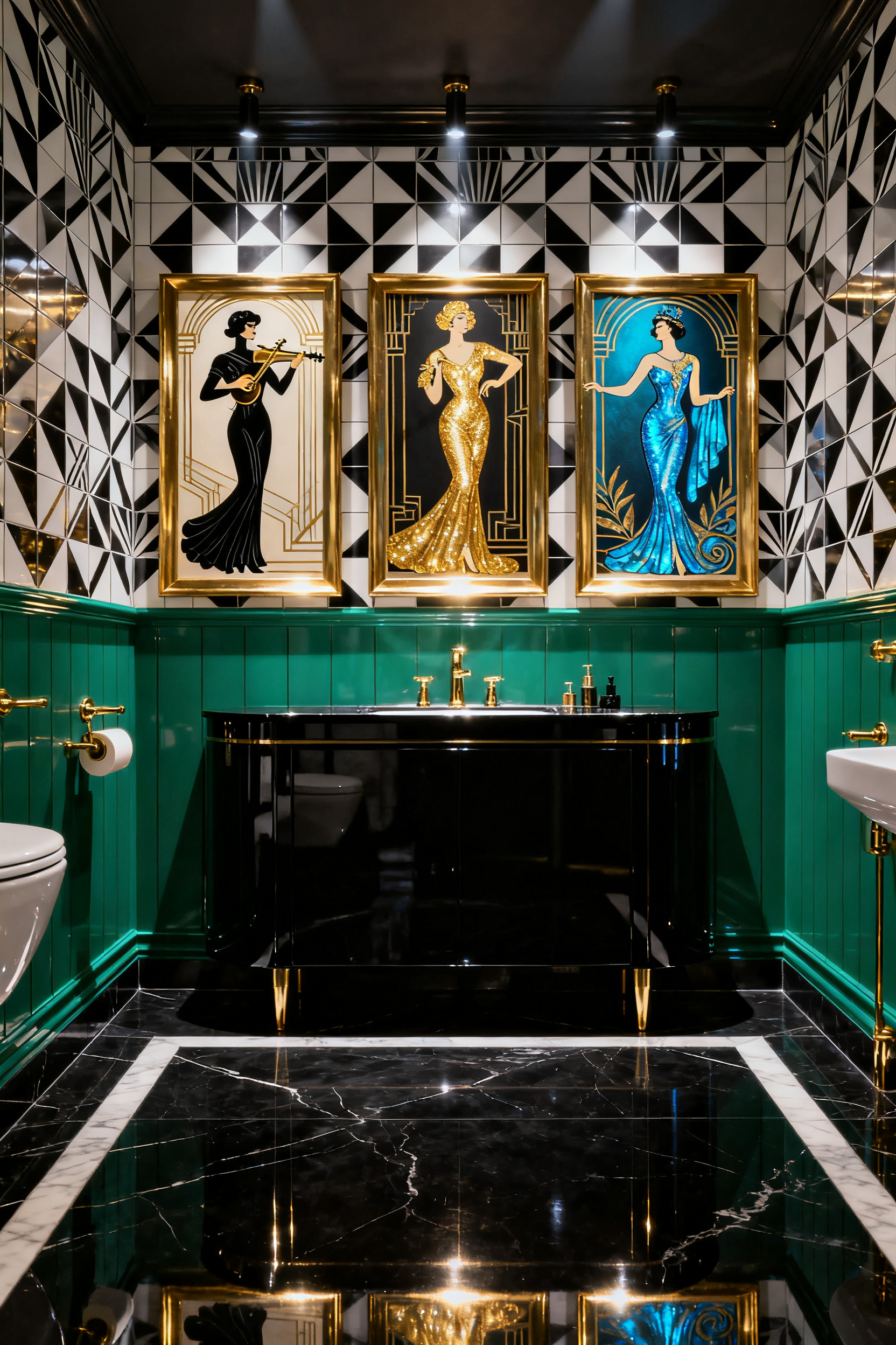 Dramatic Art Deco bathroom interior featuring framed Erté-style prints and opulent black, gold, and emerald green tile work, creating a glamorous salon atmosphere.