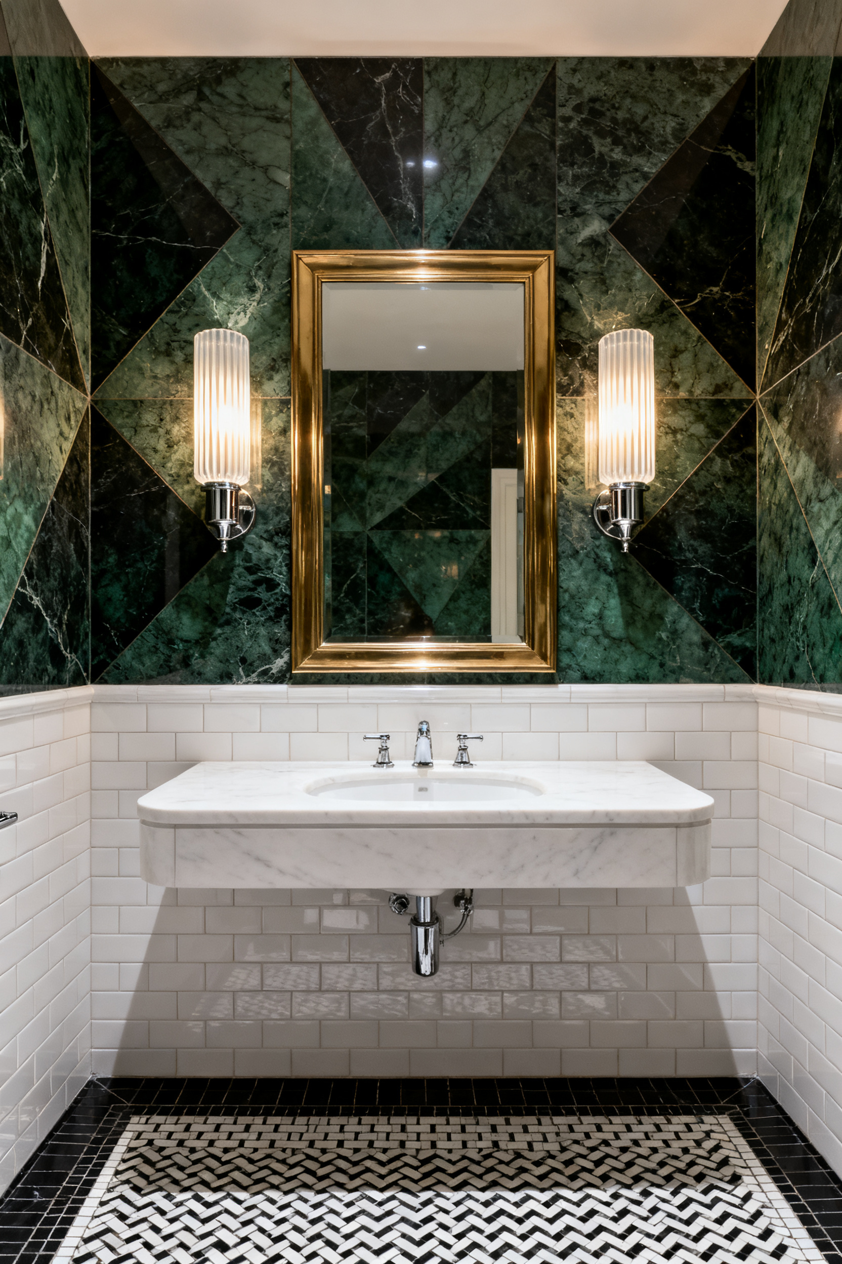 Fluted glass sconces on polished nickel fixtures flanking a mirror in a luxurious, symmetrical Art Deco bathroom featuring green marble walls and geometric black and white floor tiles.