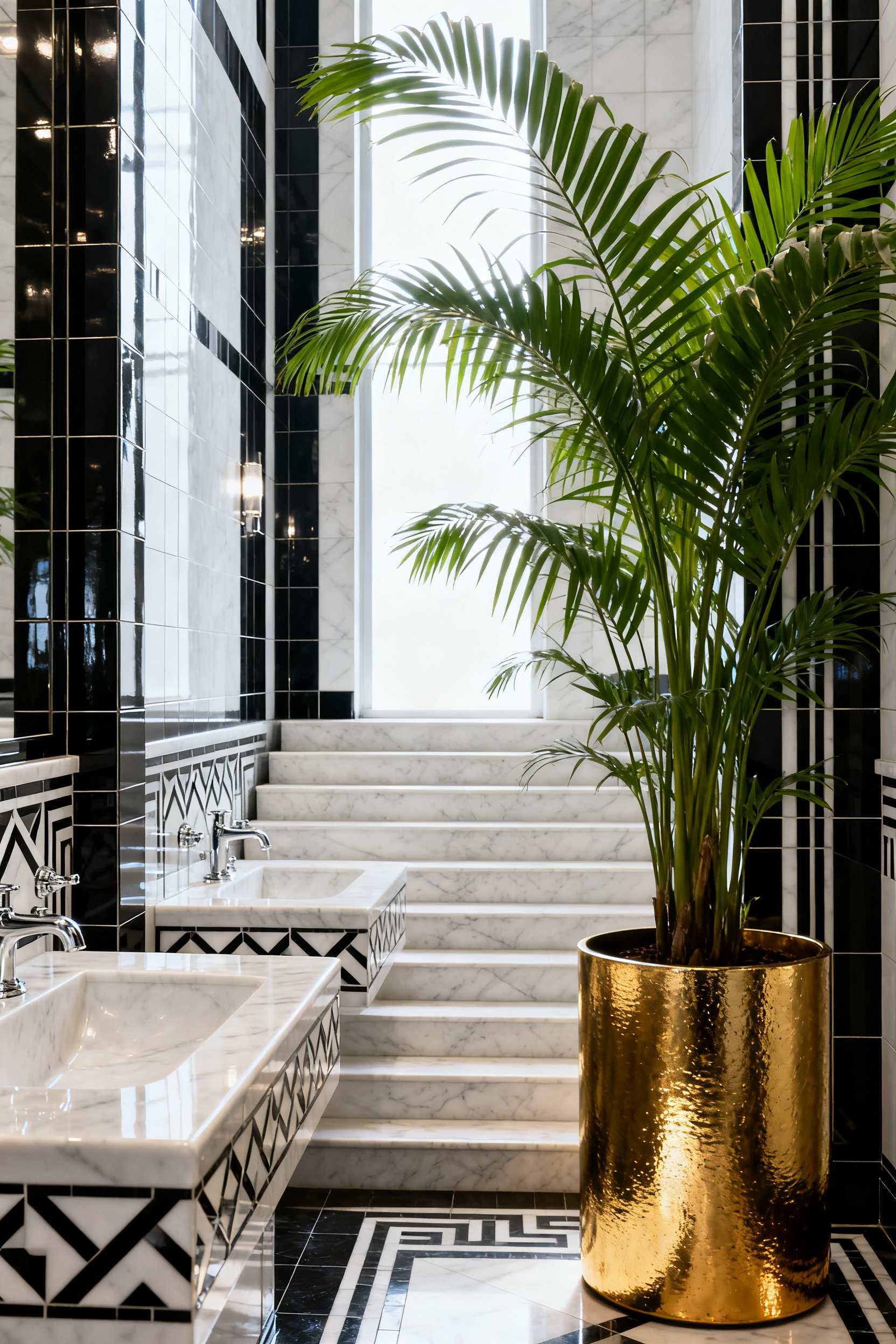 A luxurious Art Deco bathroom featuring high contrast geometric tiles, a stepped marble vanity, and a vibrant Parlour Palm housed in a reflective hammered gold planter, illustrating the tension between hard geometry and organic forms.