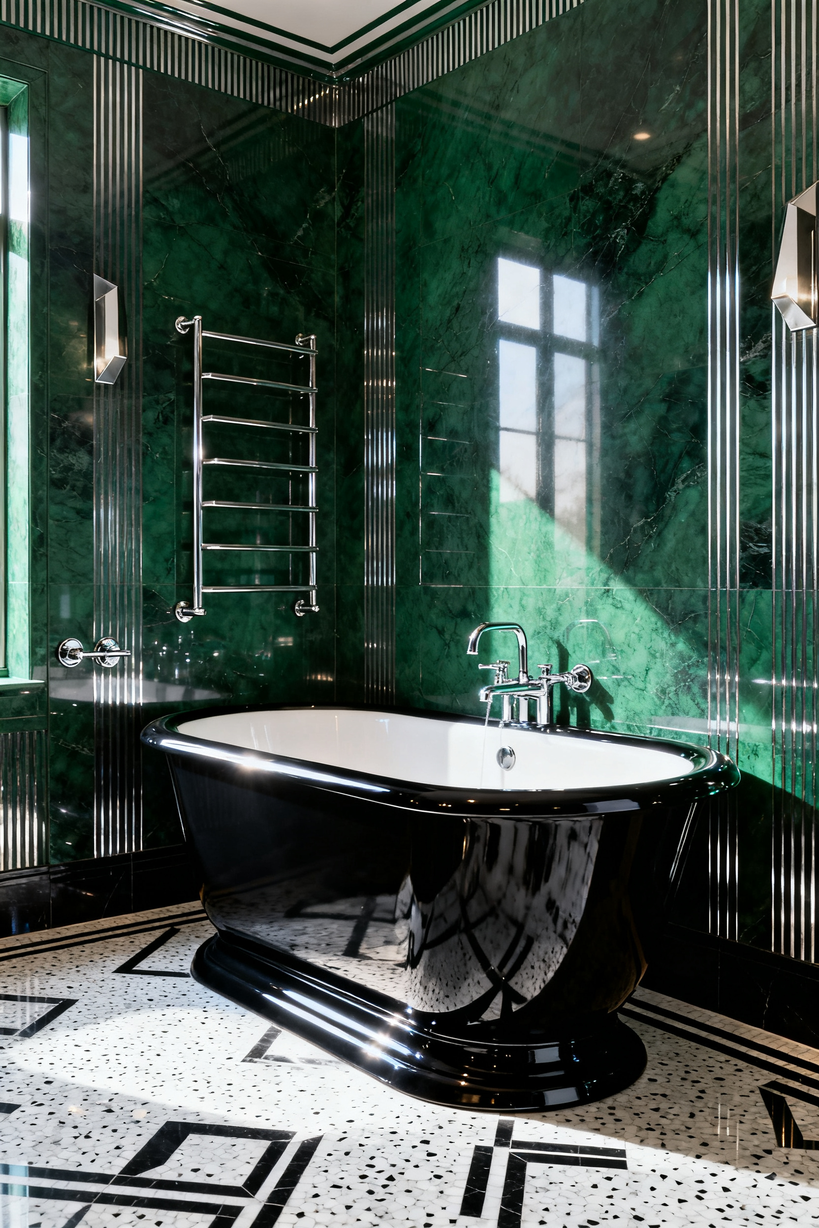 A highly polished Art Deco bathroom featuring a seamless, sculptural freestanding tub in glossy black enamel, anchored by a continuous plinth base against emerald green marble walls.