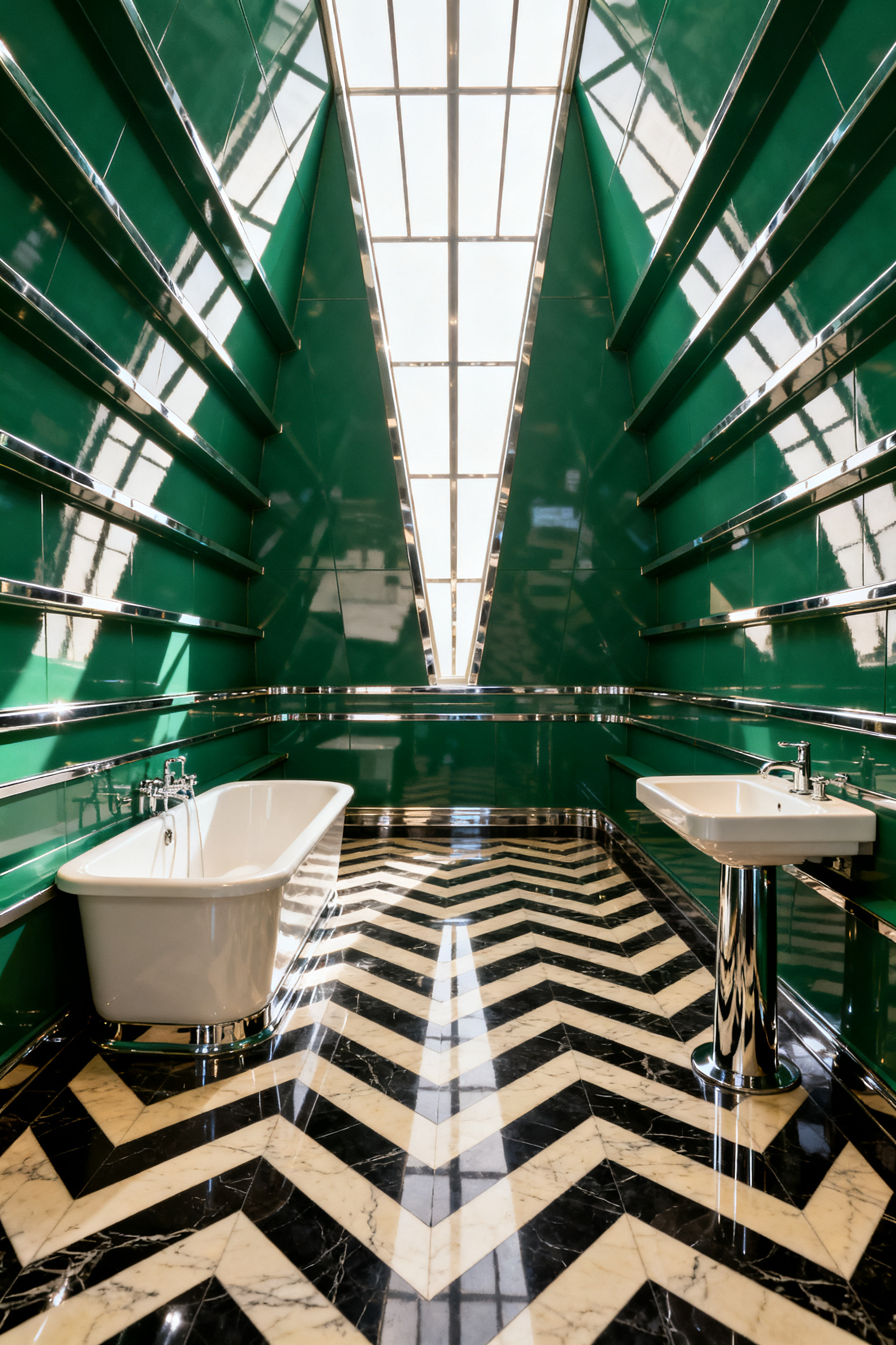 Vibrant Art Deco bathroom design featuring high-contrast black and cream chevron flooring, emerald green walls, and highly polished chrome fixtures, emphasizing the speed and geometry of the machine age.