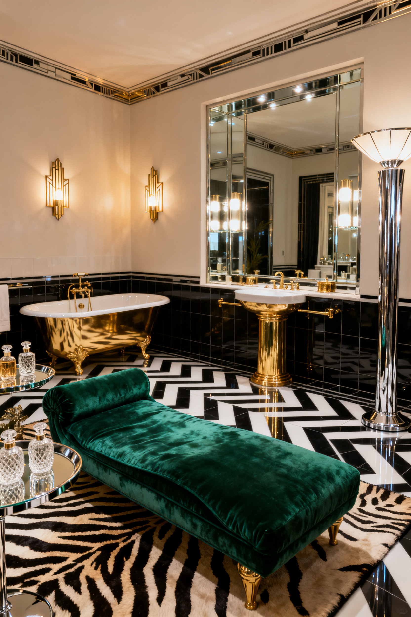 An opulent 1920s Art Deco bathroom designed as a dressing room, featuring a zebra-print rug and an emerald velvet chaise lounge near a reflective vanity.