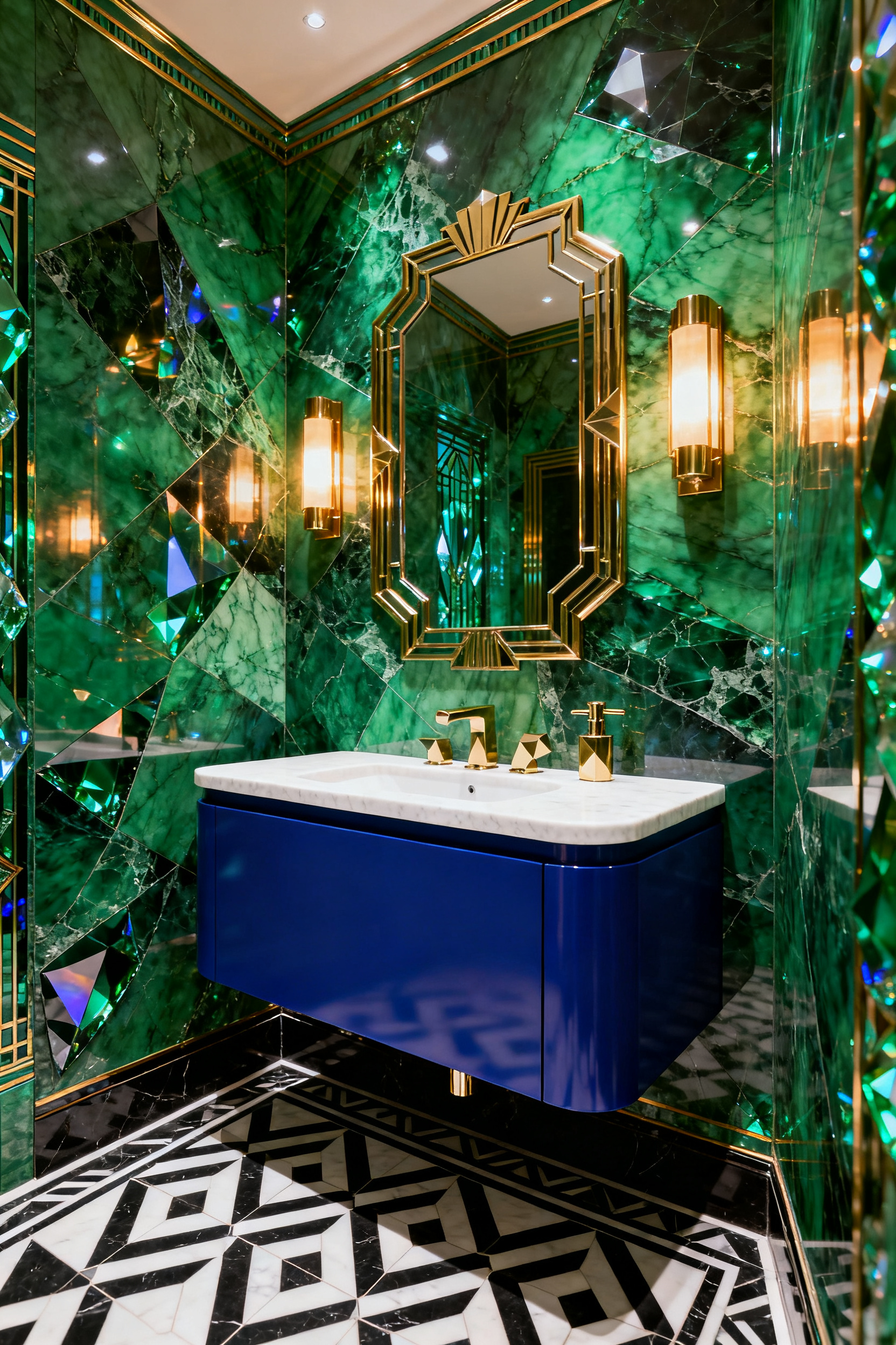 A luxurious Art Deco bathroom featuring walls saturated in glossy emerald green marble and a streamlined sapphire blue vanity. Polished brass fixtures enhance the opulent, gemstone-like aesthetic. Full scene, high-quality photograph.