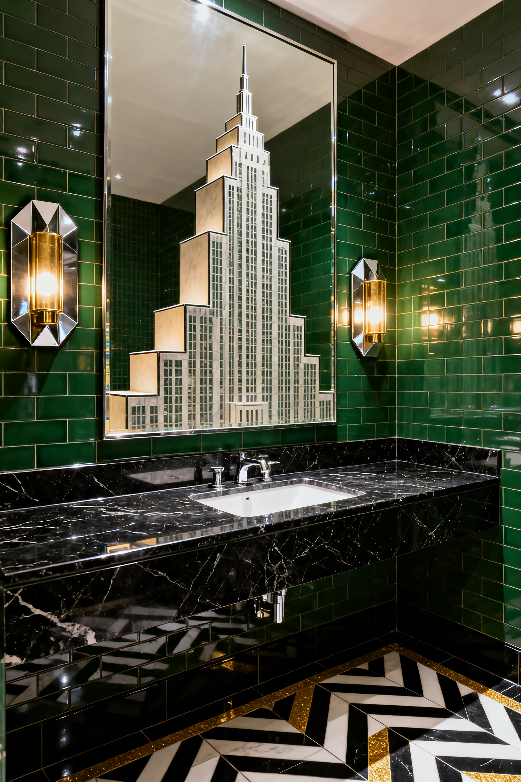 A high-detail photograph of an Art Deco bathroom vanity featuring a large, tiered step-cut mirror set against deep green tiled walls and a black marble countertop, reflecting the geometric style of 1930s skyscrapers.